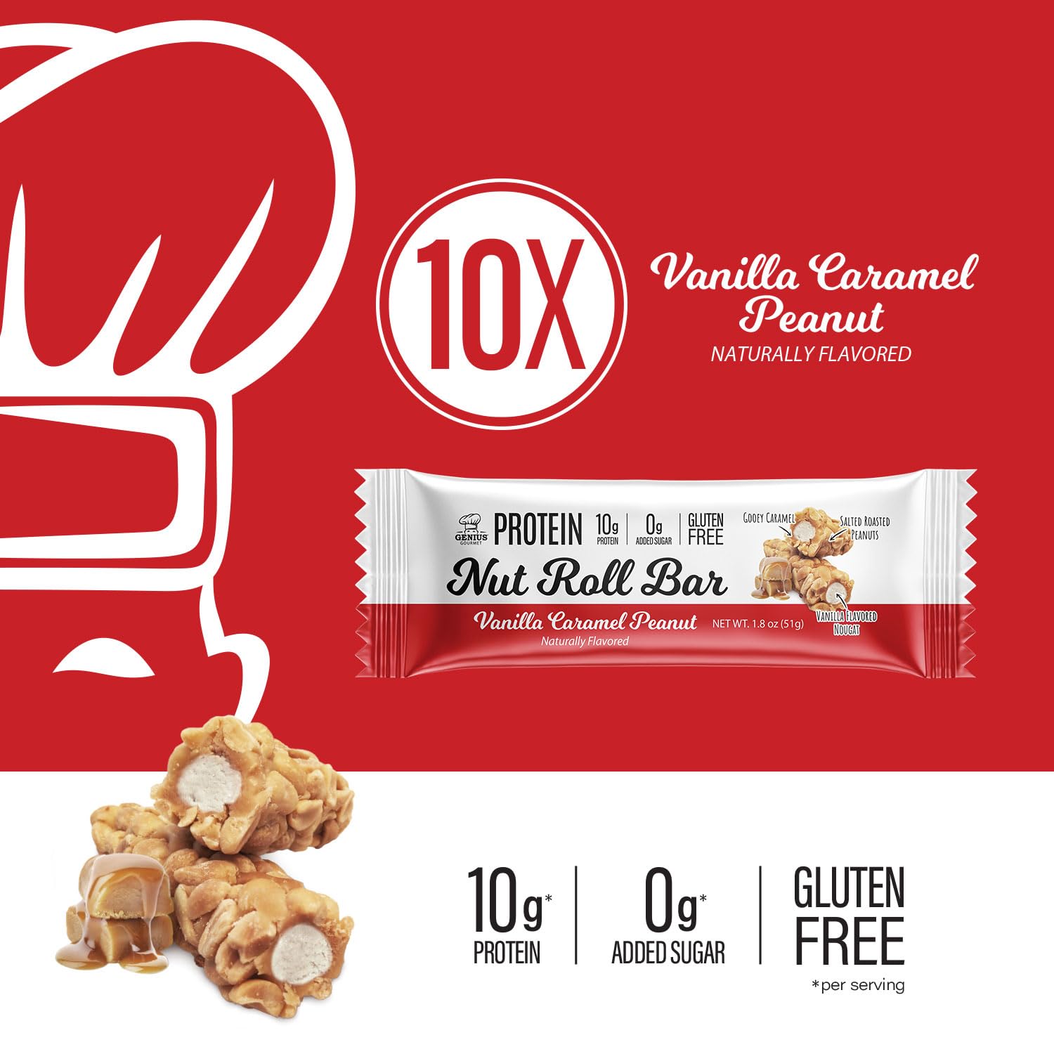 Genius Gourmet primer plano de nougat, caramelo y cacahuates crujientes