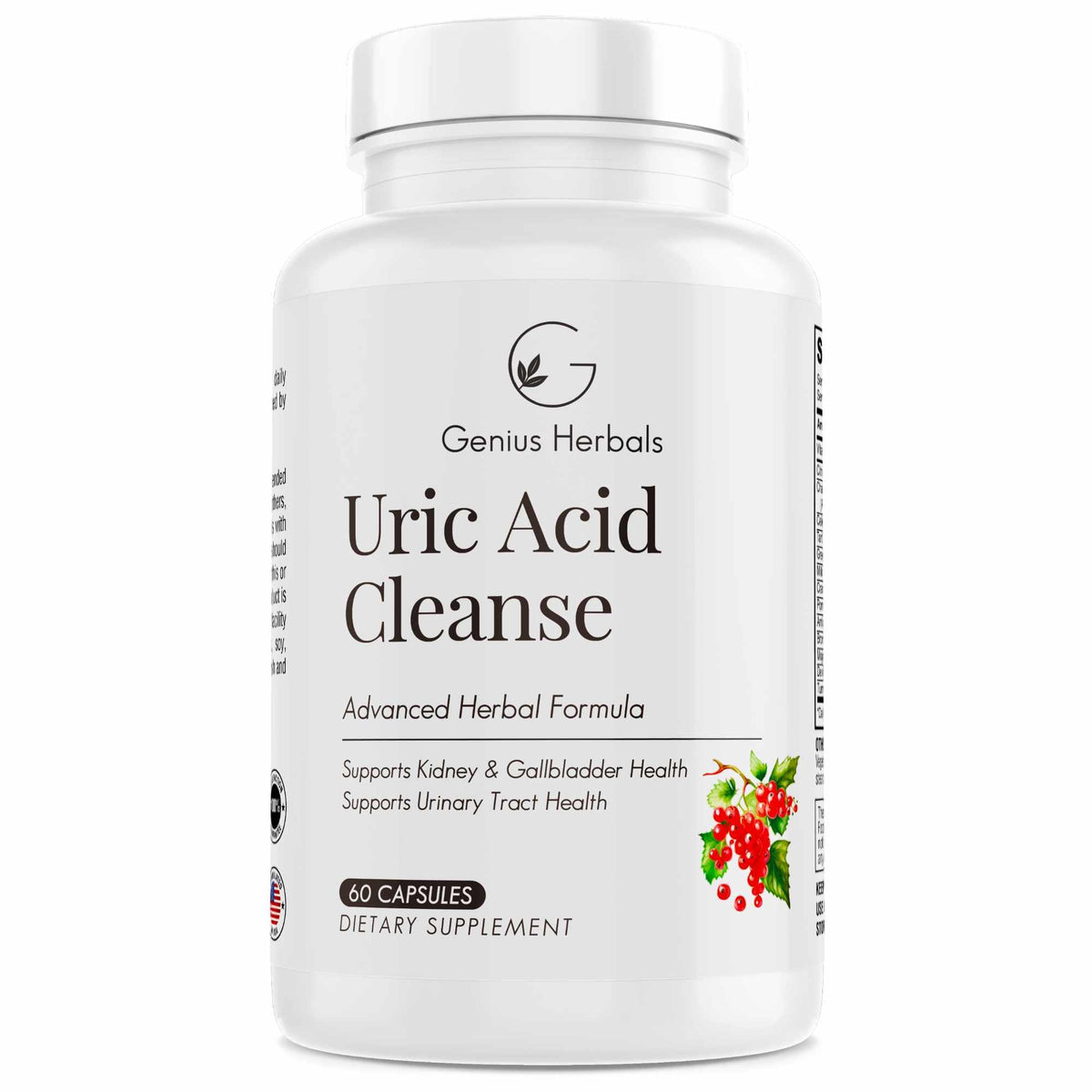 Genius Herbals frasco delantero mostrando etiqueta clara y beneficios