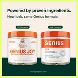 The Genius Brand Genius Joy cápsula en mano para comparar tamaño y dosificación