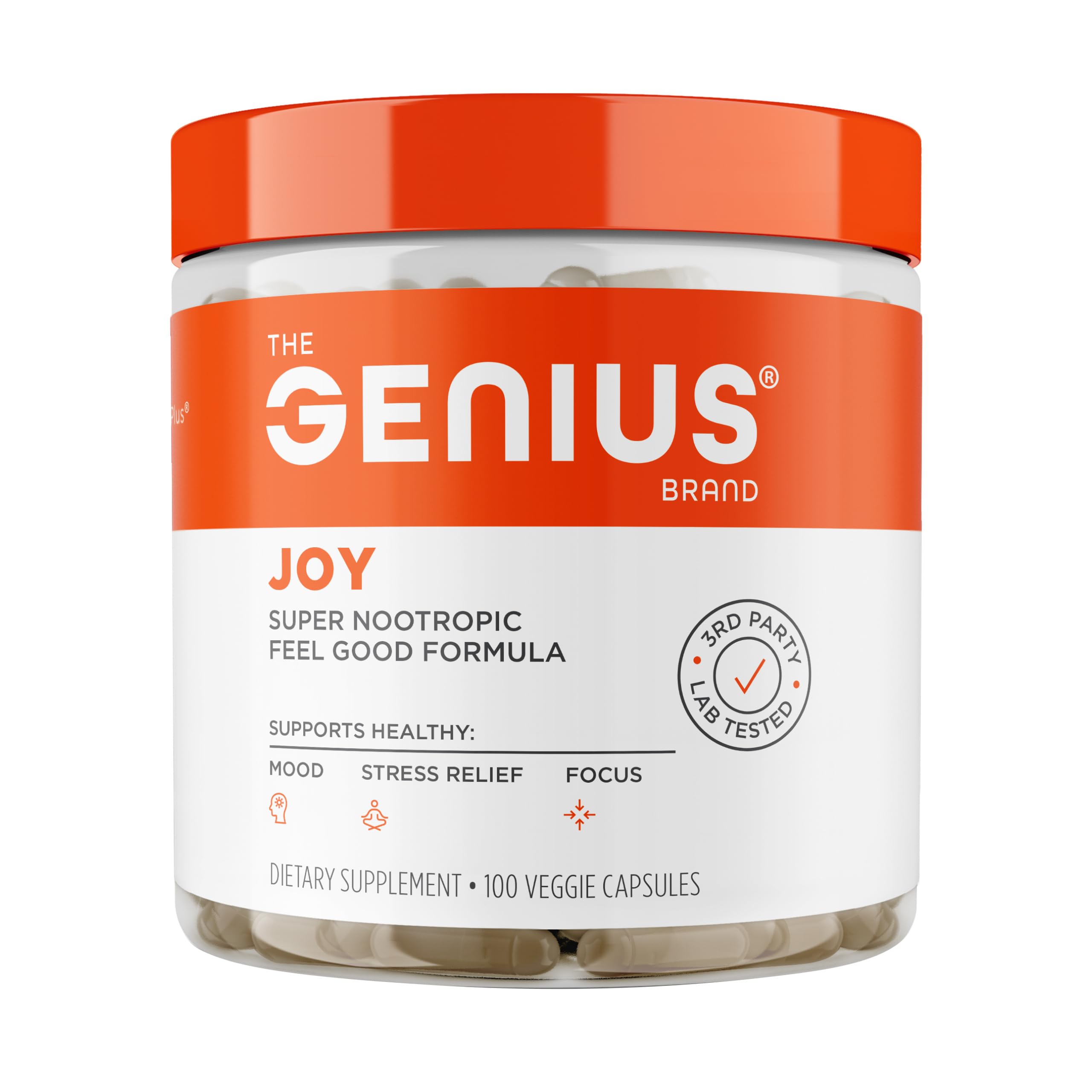 The Genius Brand Genius Joy vista frontal del envase que transmite claridad
