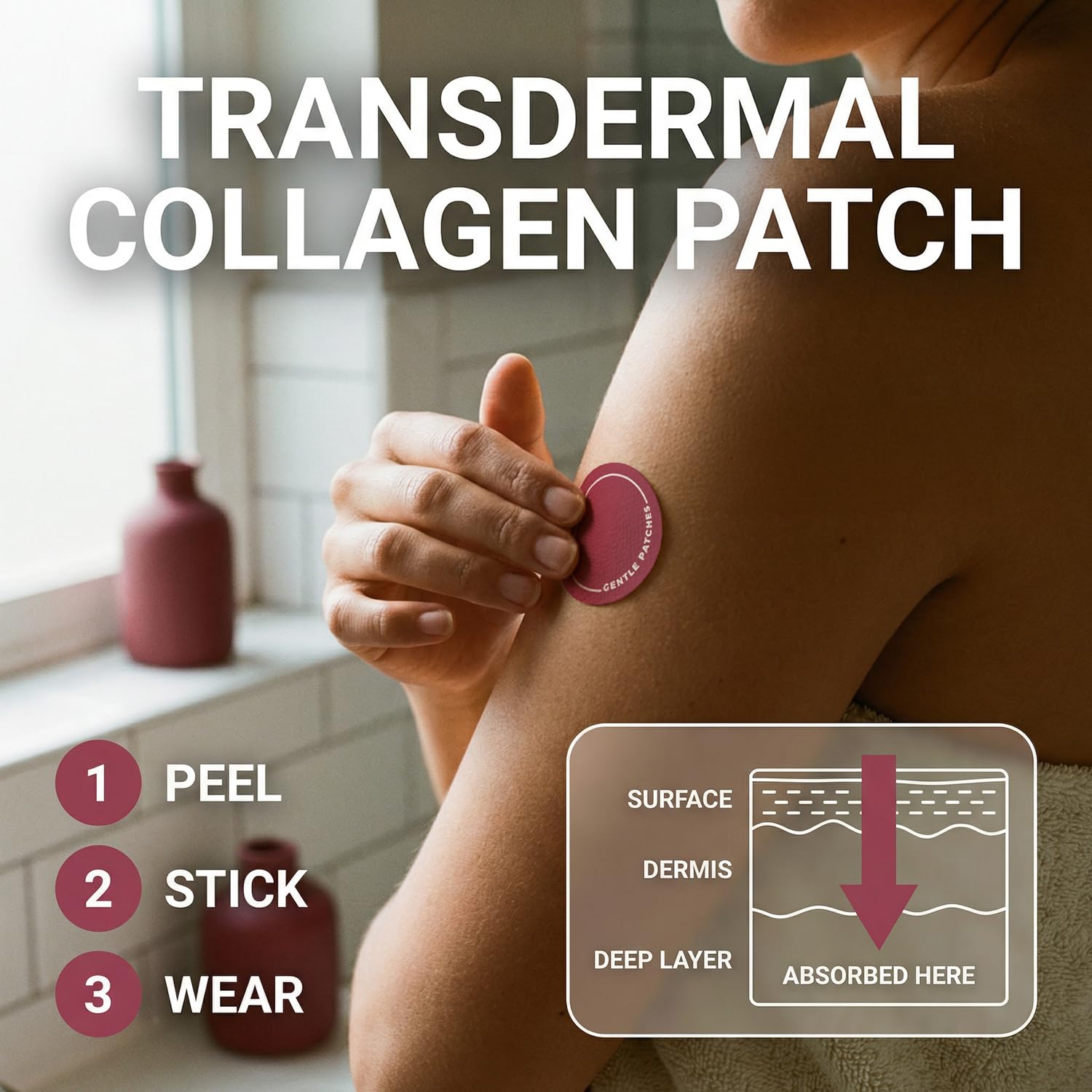 Gentle Patches parche aplicado en brazo demostrando uso discreto y resistente al agua