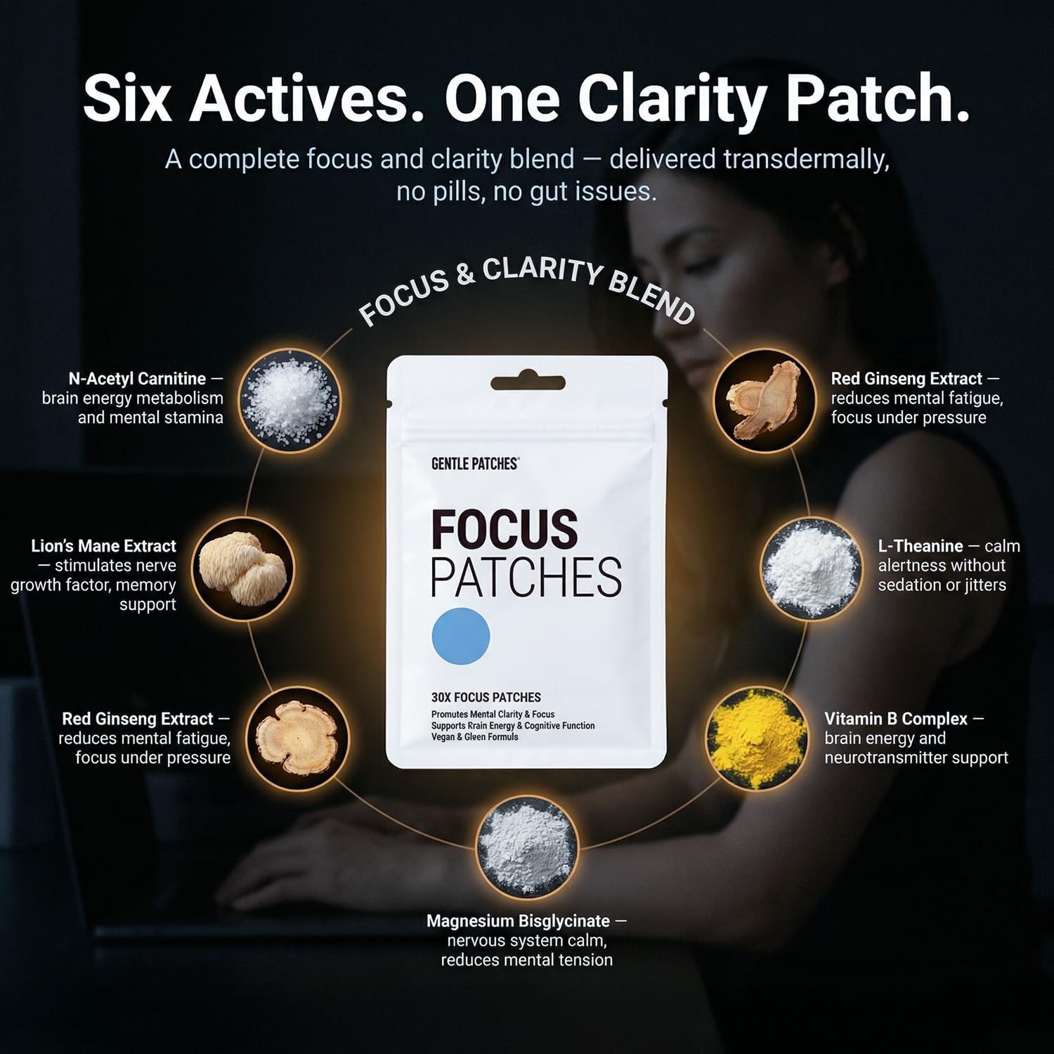 Gentle Patches enfoque en la etiqueta con ingredientes botánicos listados