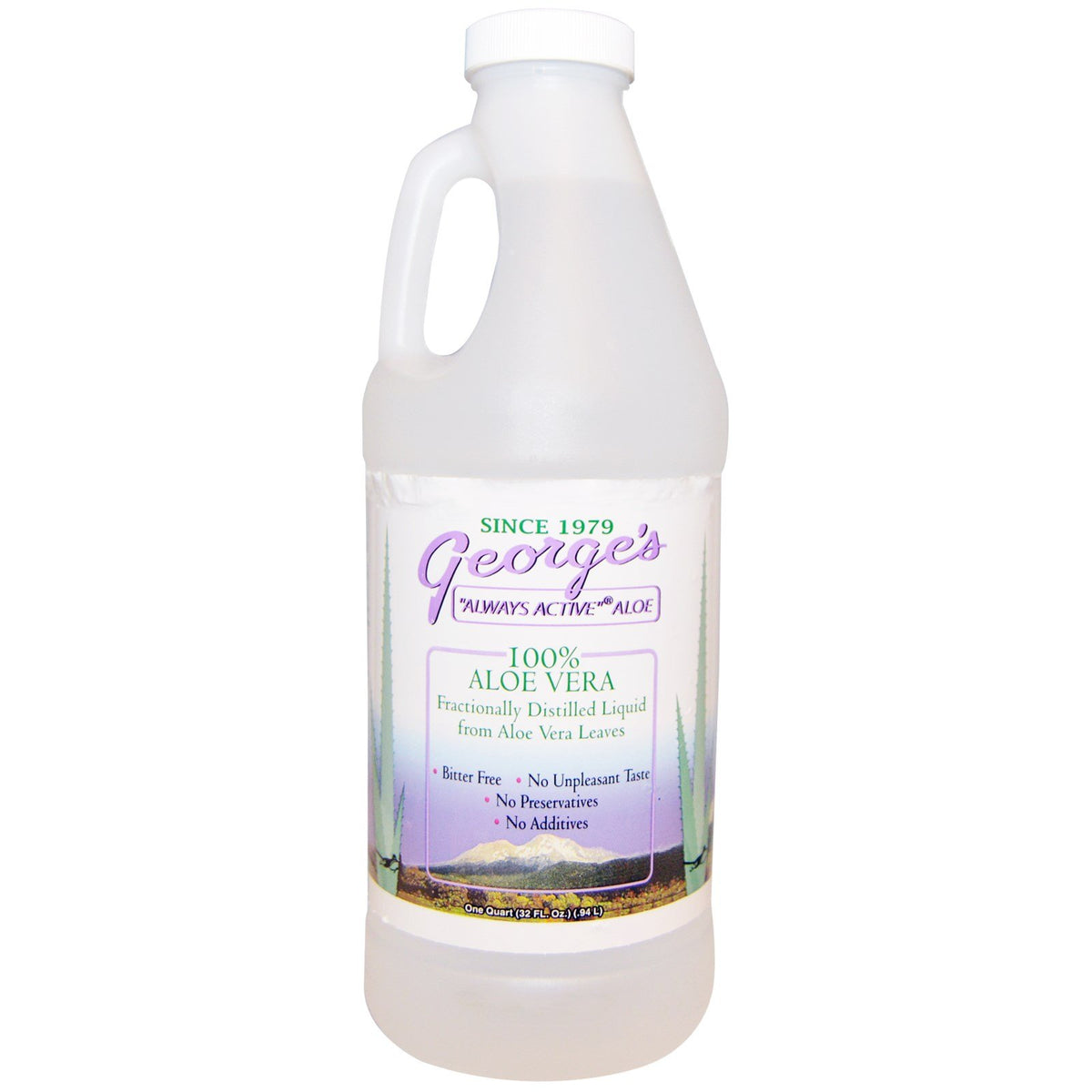 George's aloe vera botella frontal mostrando etiqueta y cantidad, ideal para múltiples usos