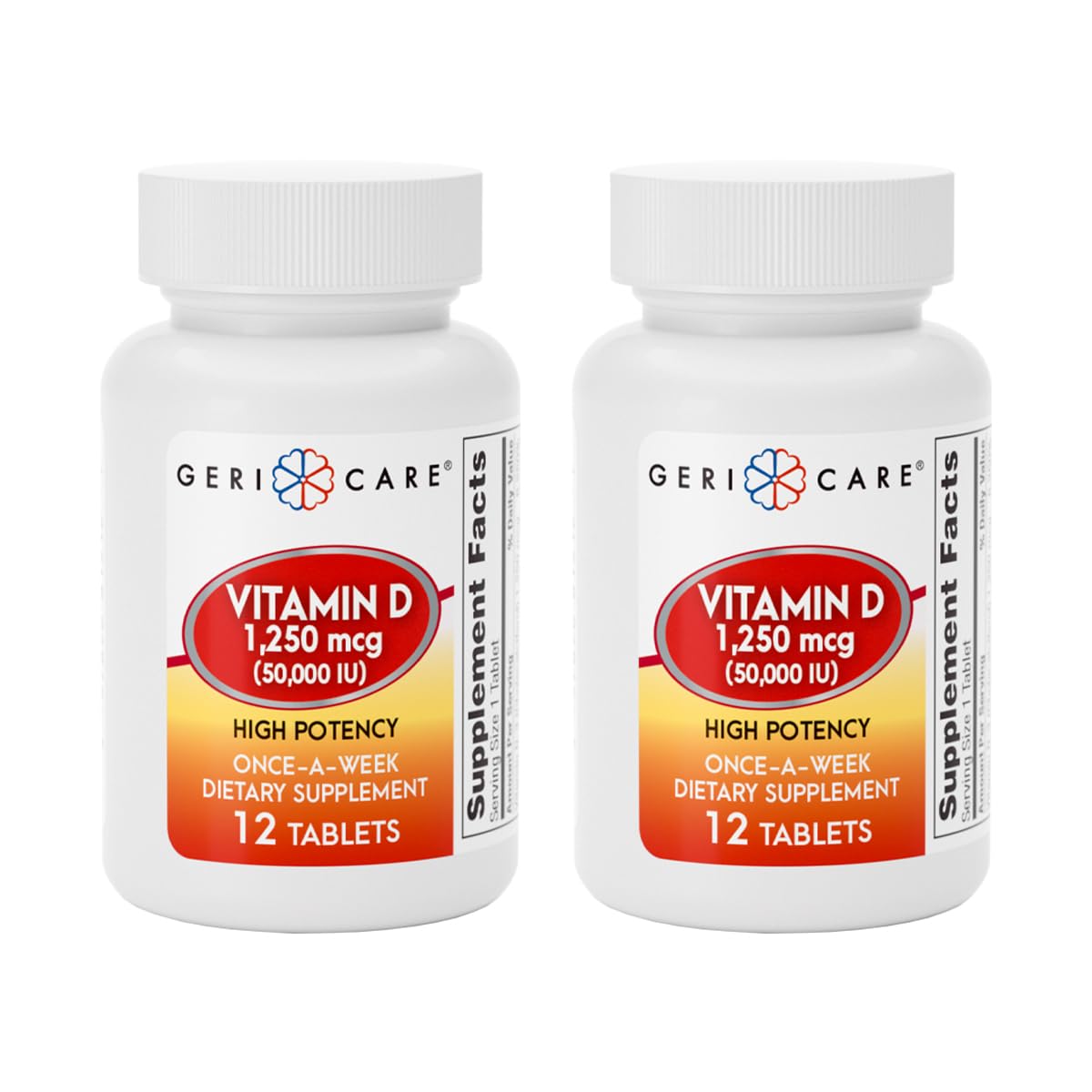 GeriCare envase frontal que muestra vitamina D 50.000 IU y beneficio de conveniencia semanal