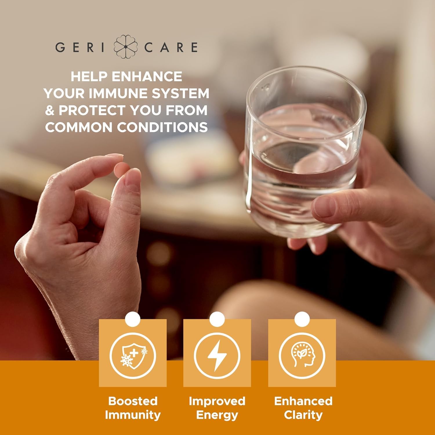 GeriCare etiqueta de ingredientes mostrando vitaminas clave para soporte