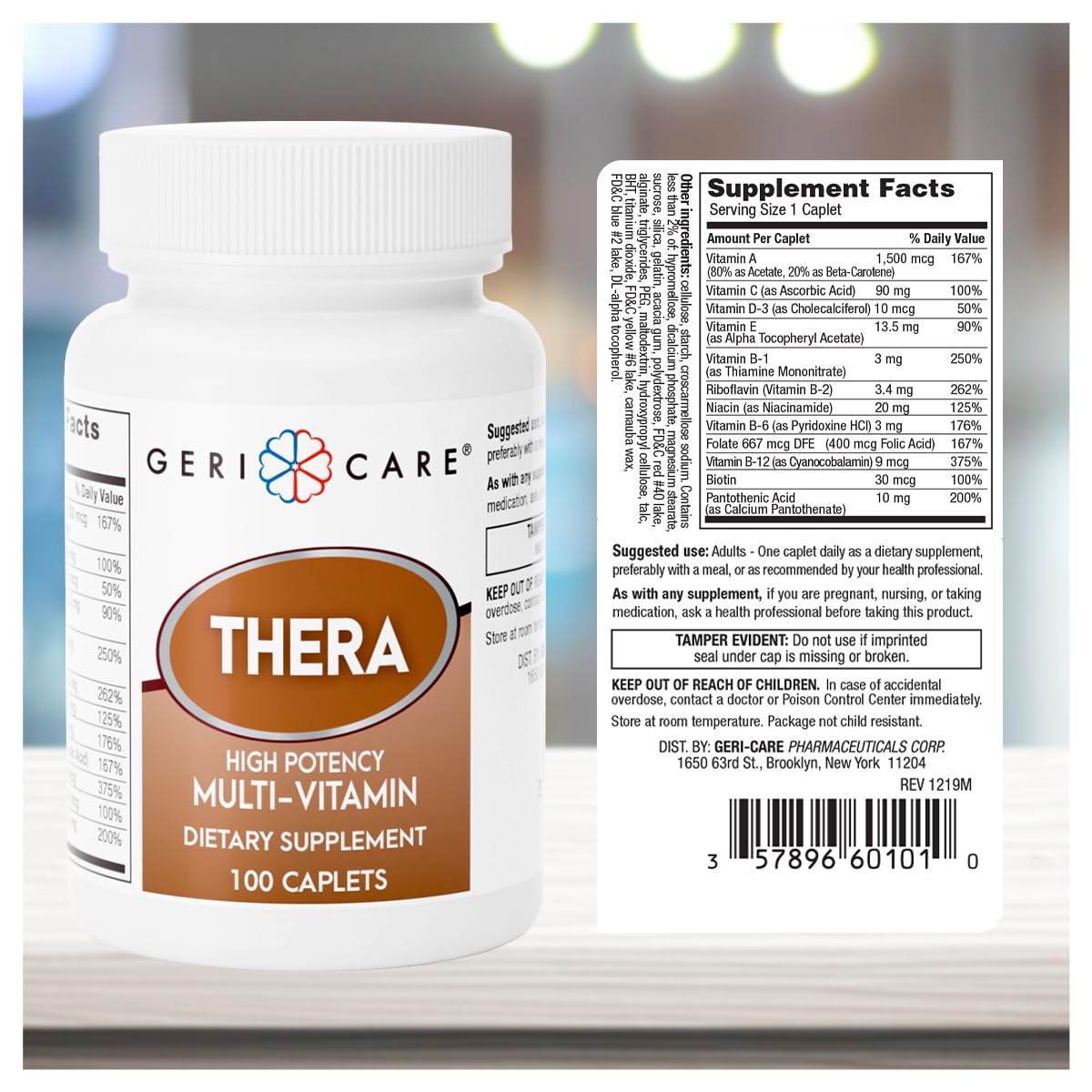 GeriCare Thera botella abierta con caplets listos para tomar y conveniencia diaria