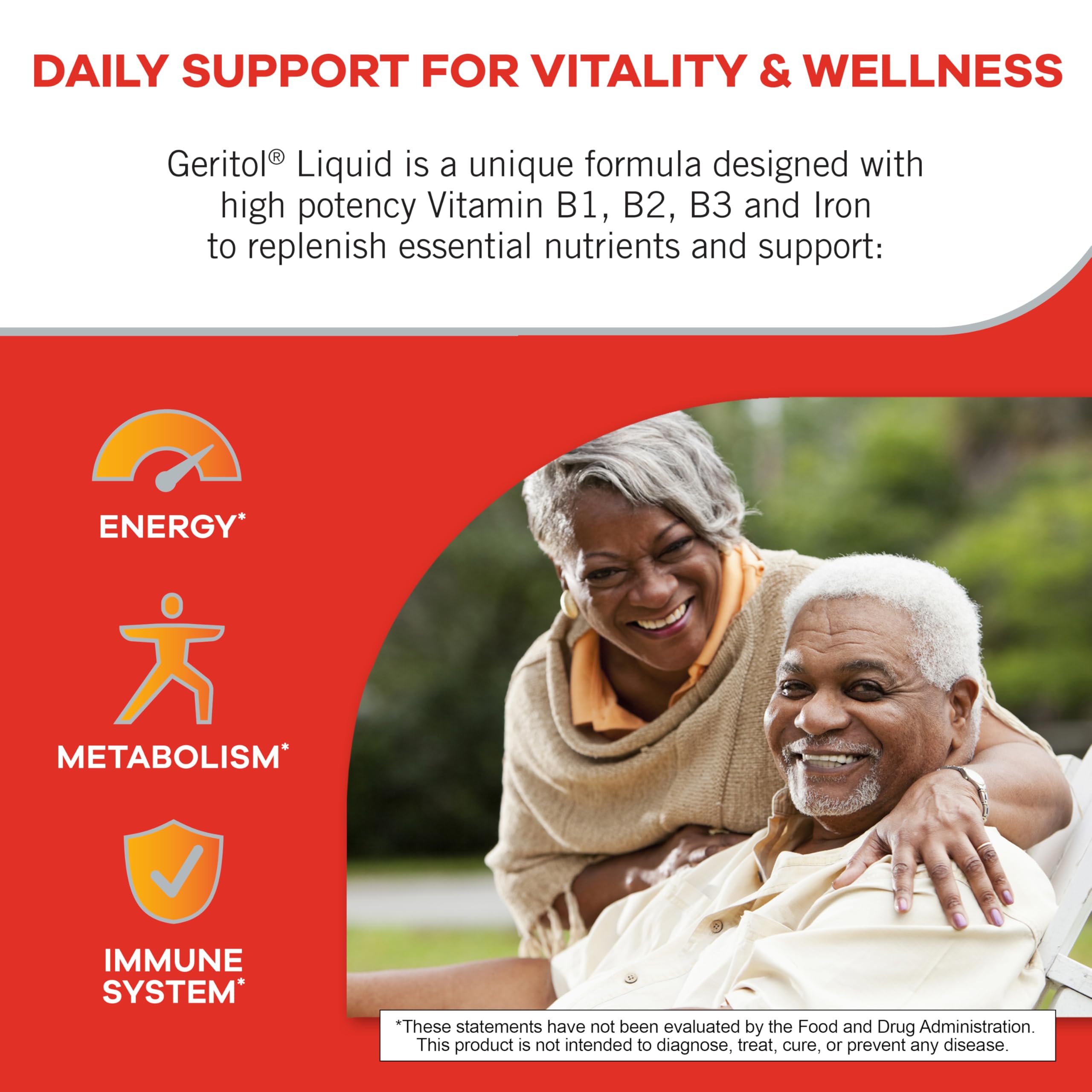 Geritol etiqueta con lista de ingredientes y concentración de vitaminas B