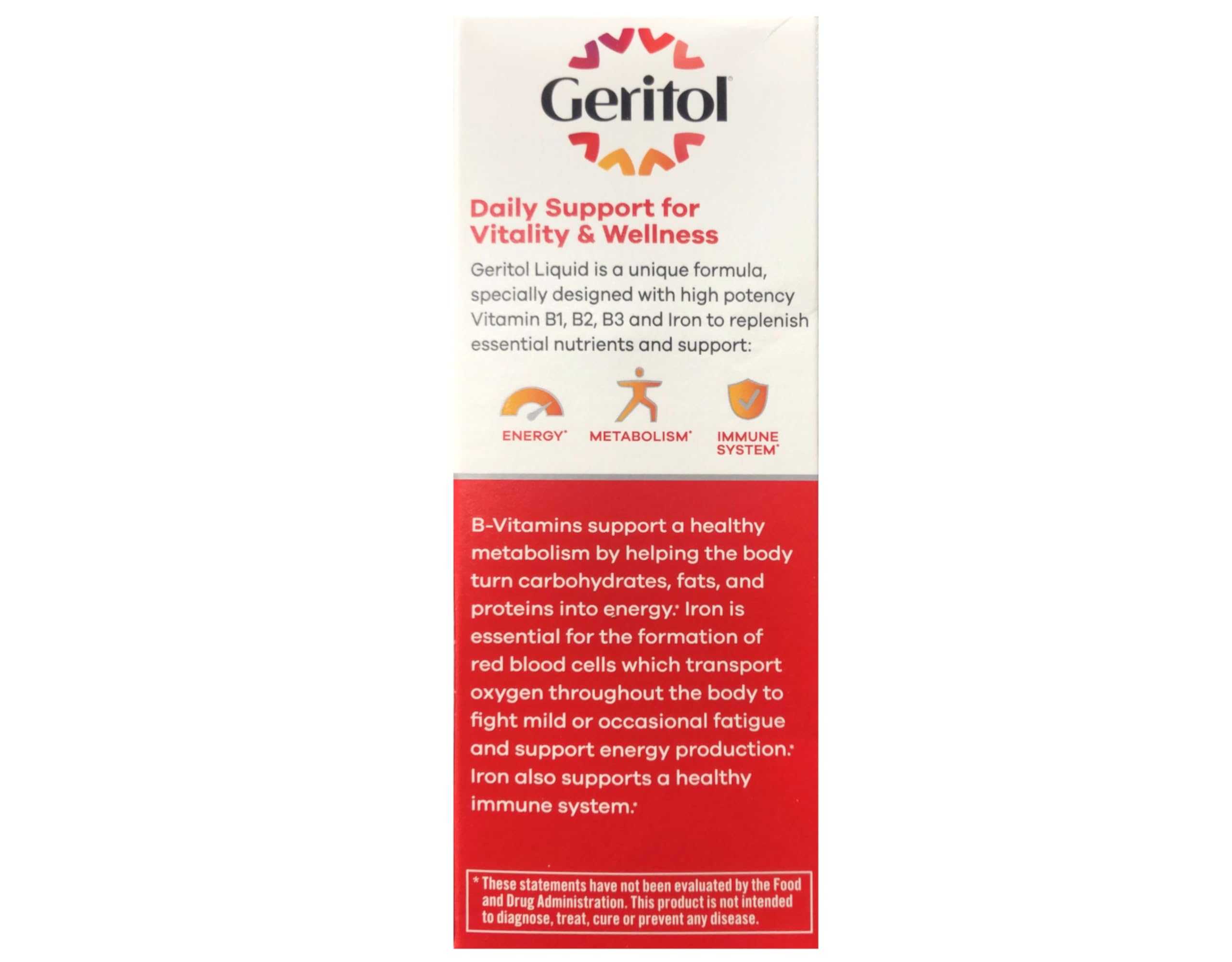 Geritol botella abierta con dosificador para medir la toma precisa