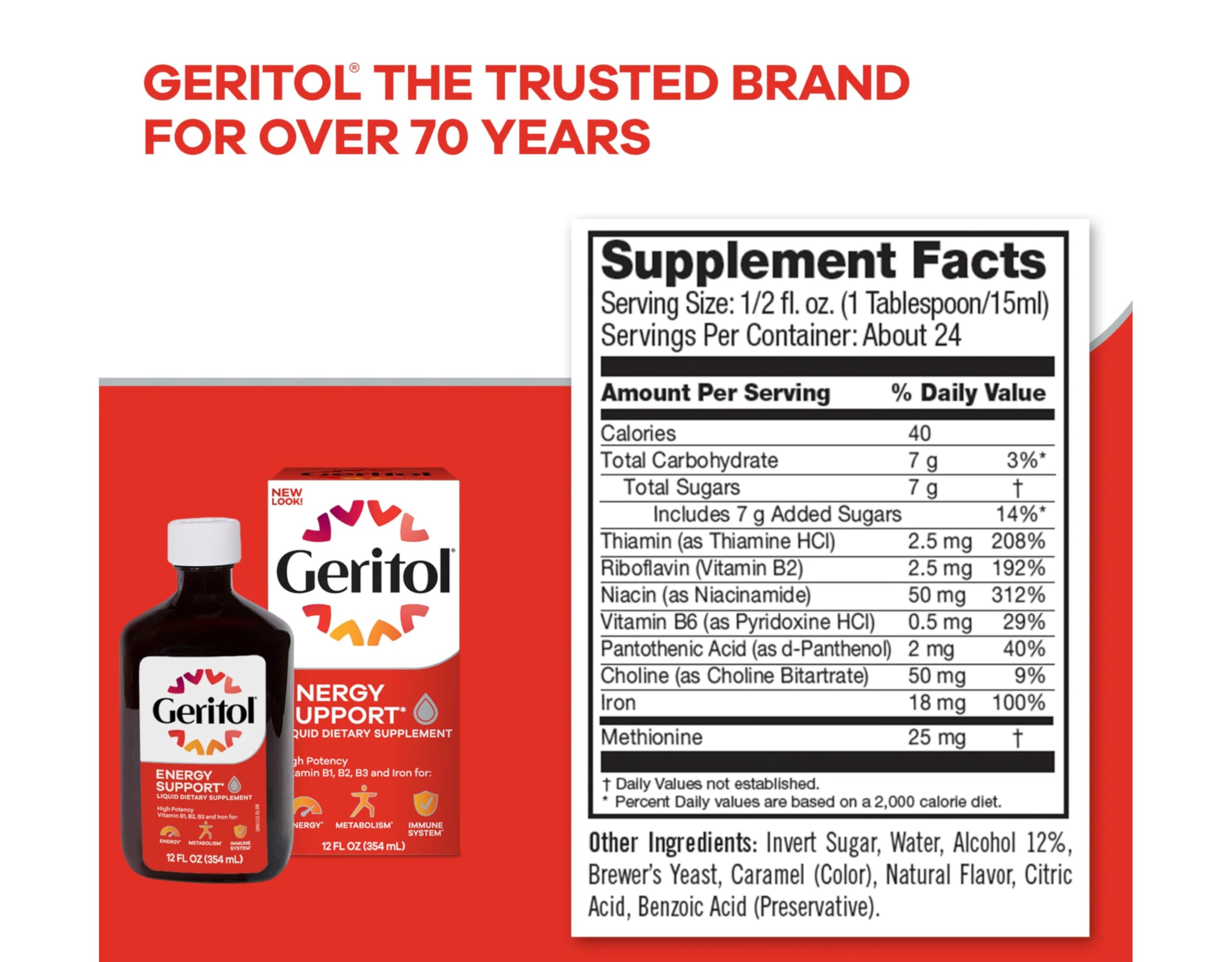 Geritol zoom etiqueta nutricional destacando vitaminas y hierro