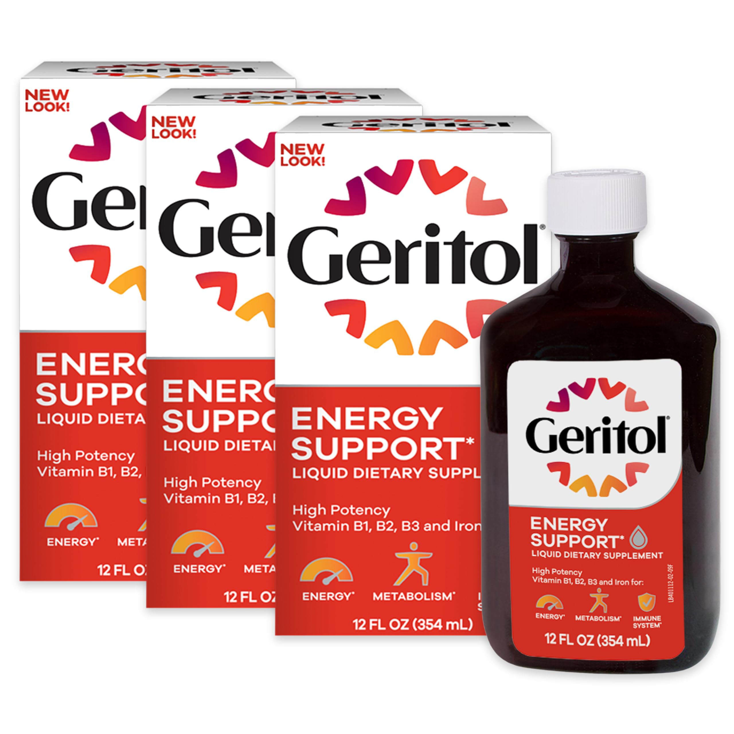 Geritol envase frontal mostrando la marca y beneficios energéticos