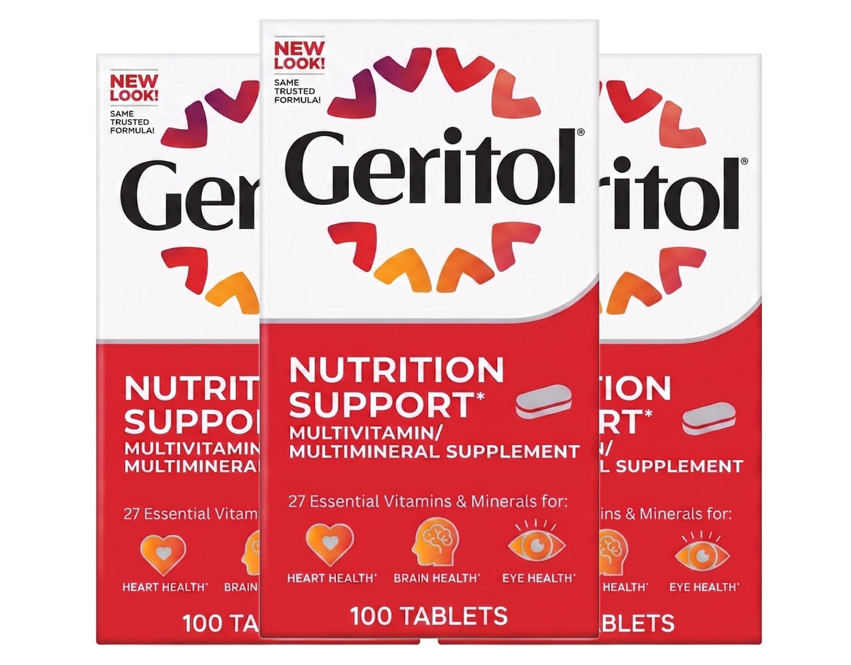 Geritol frasco frontal del pack de 3 muestra contenido y beneficios