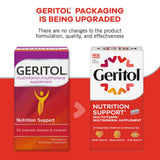 Geritol tabletas junto a un vaso de agua mostrando cómo tomar con comida