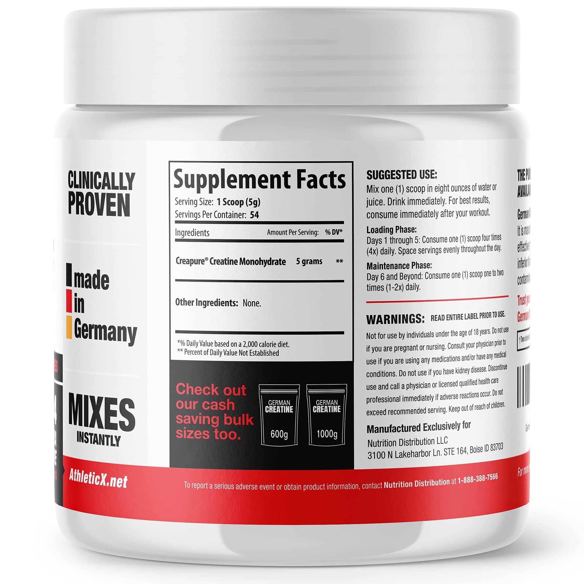 German Creatine comparación de tamaño del envase al lado de fruta