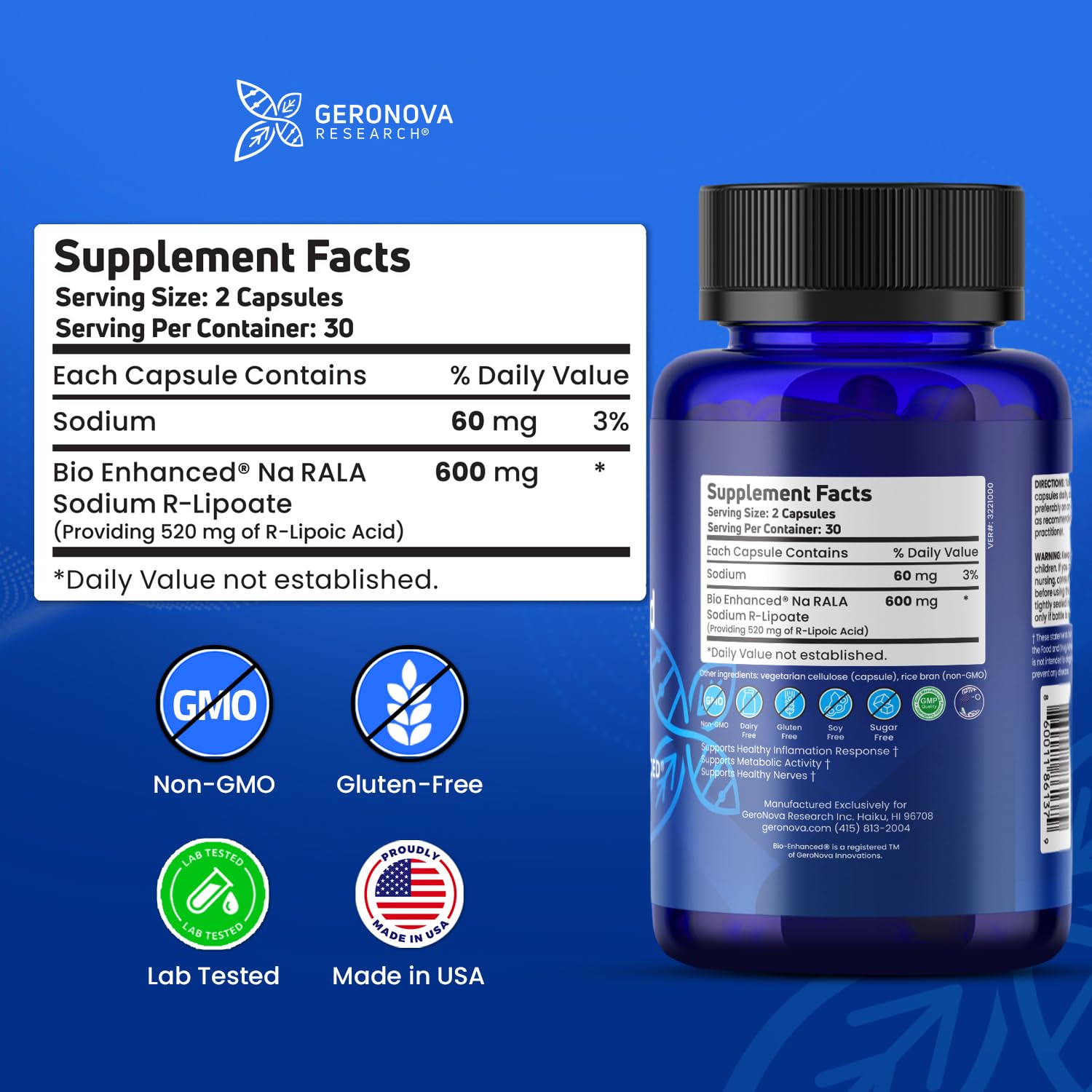 Geronova Research cápsula R-Lipoic cerca mostrando tamaño y pureza