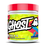 GHOST bote frontal mostrando sabor blue raspberry y información clara