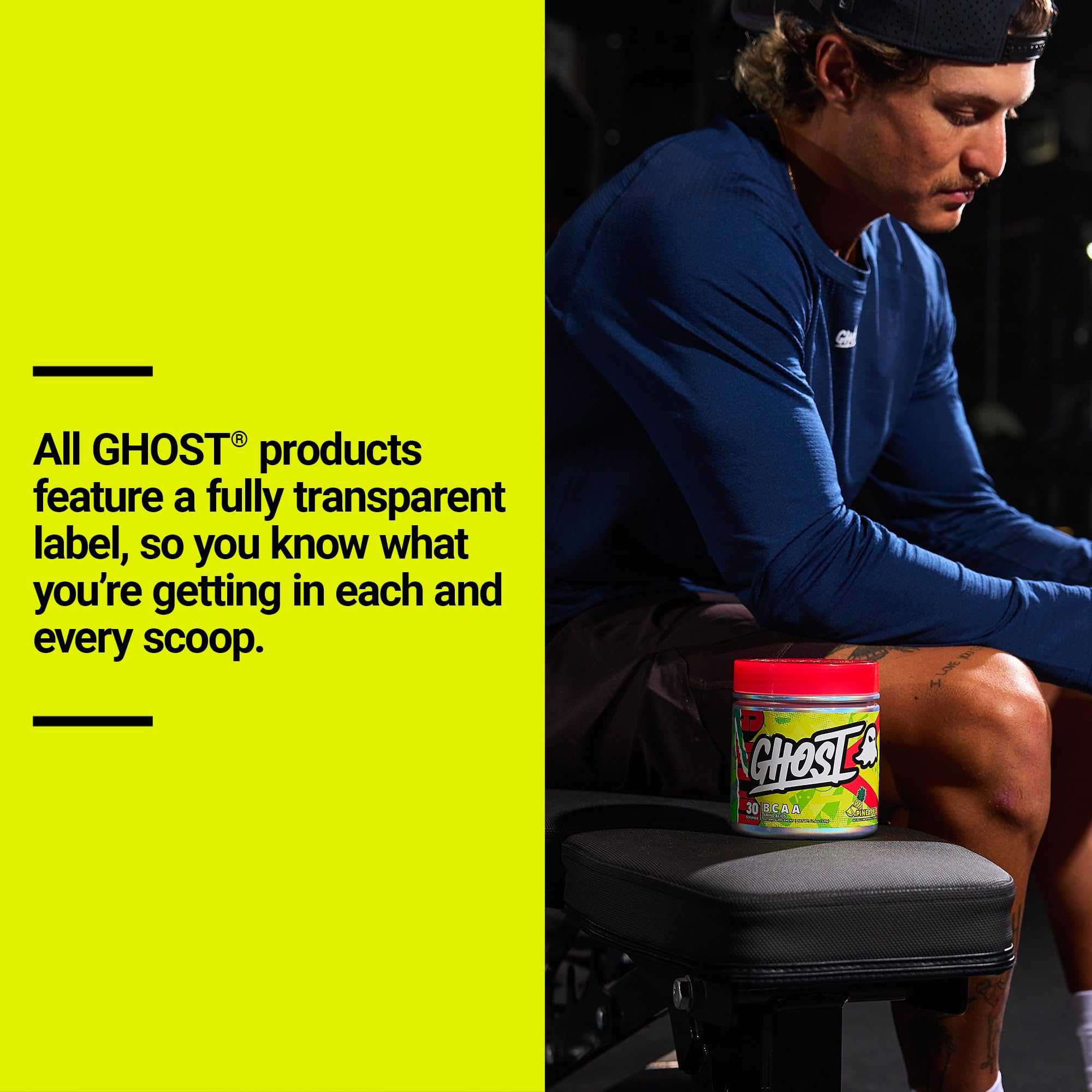 GHOST etiqueta transparente con dosis visibles, confianza en ingredientes