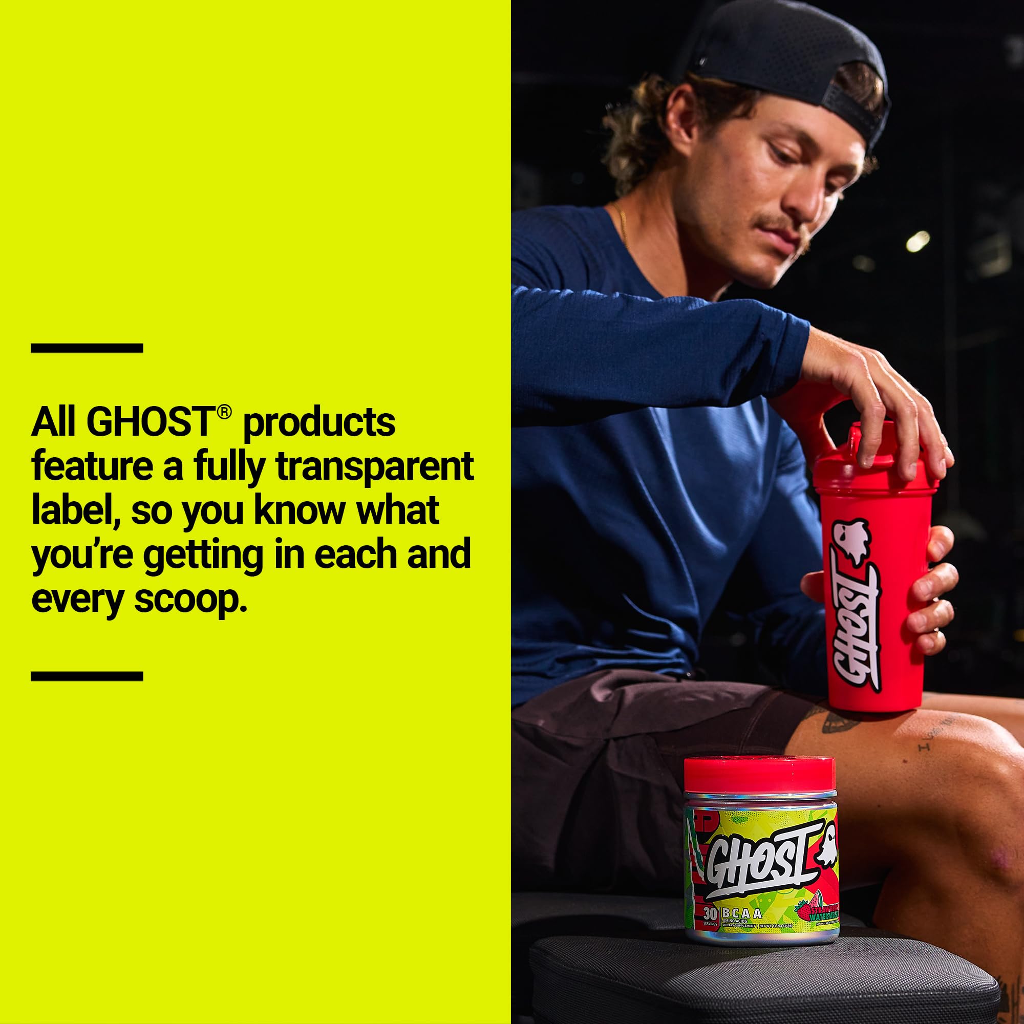GHOST etiqueta transparente con lista de ingredientes y dosis visibles