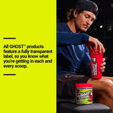GHOST etiqueta transparente con lista de ingredientes y dosis visibles