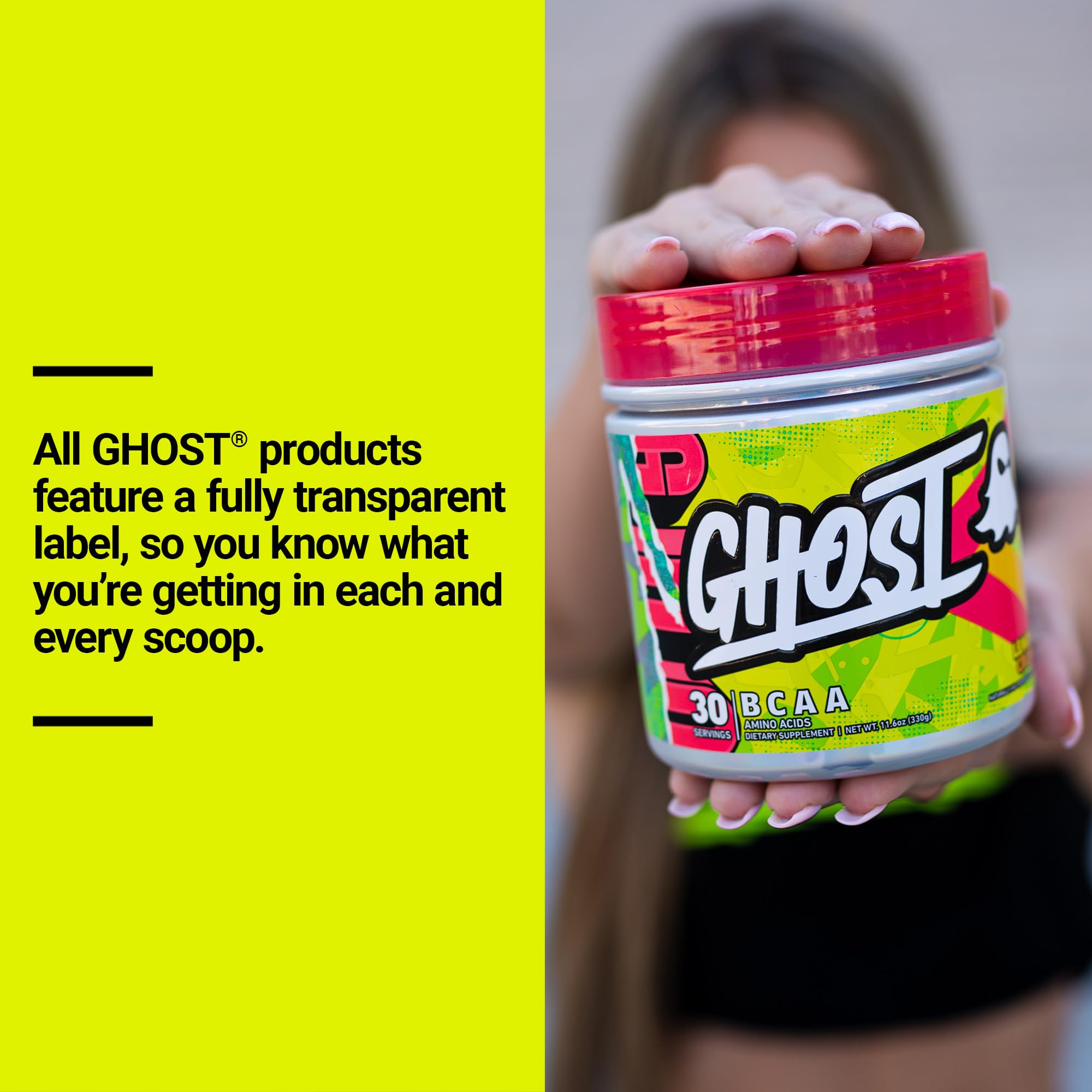 GHOST etiqueta transparente del producto mostrando dosis exactas por ingrediente