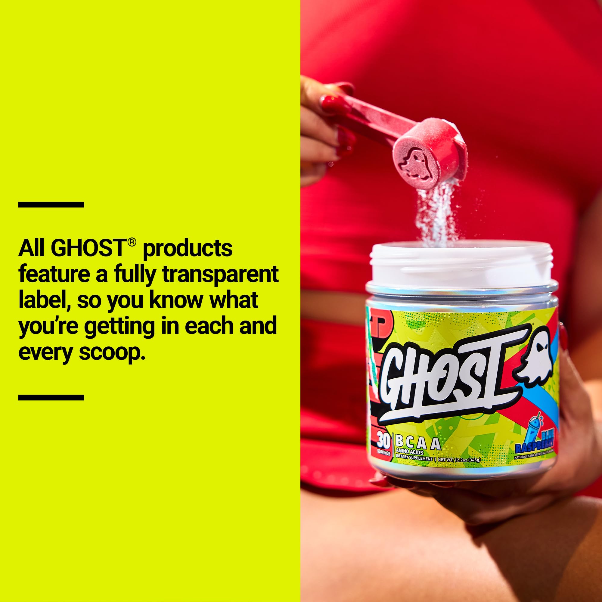 GHOST etiqueta transparente con dosis visibles y lista de ingredientes