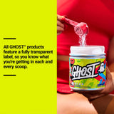 GHOST etiqueta transparente con dosis visibles y lista de ingredientes