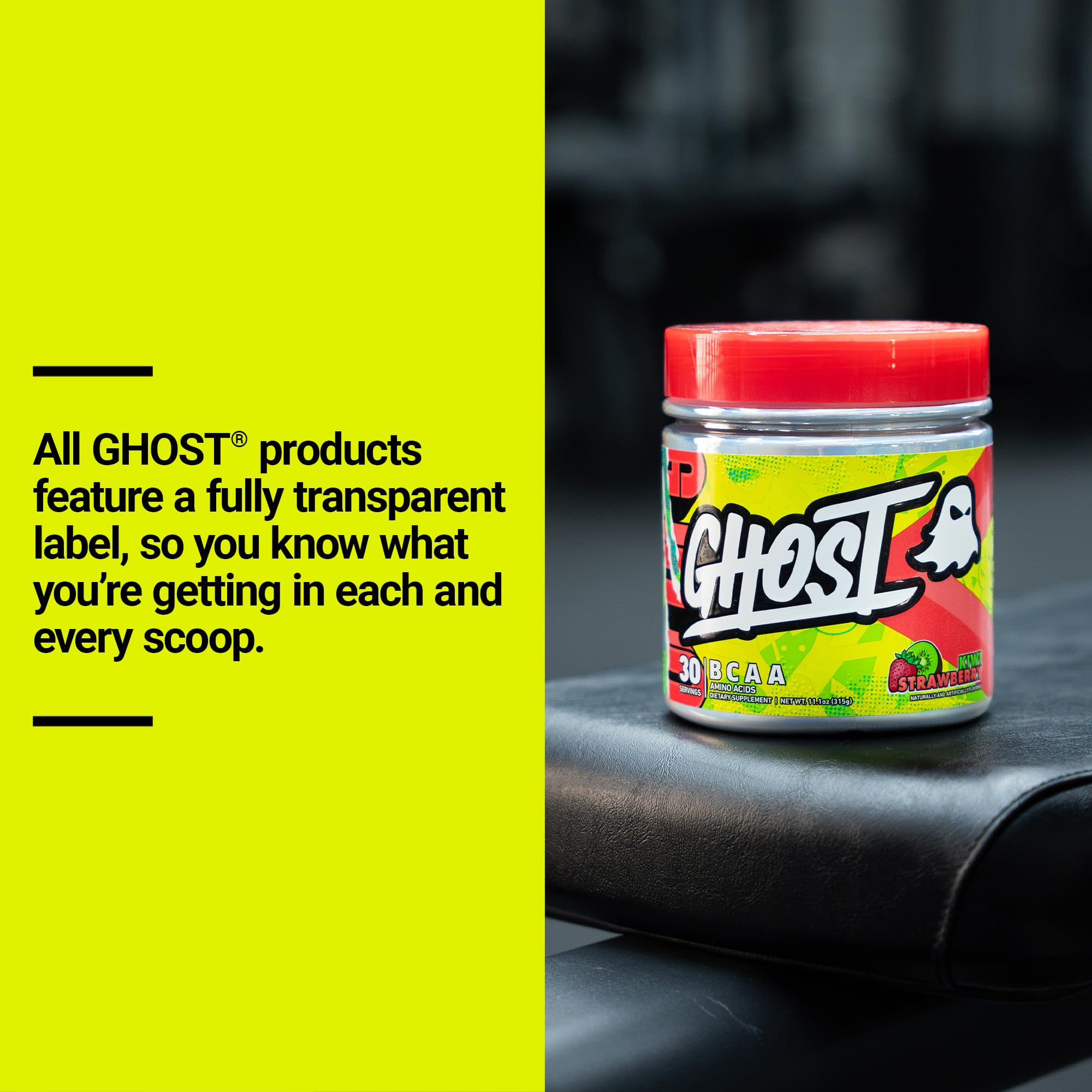 GHOST etiqueta transparente con lista de ingredientes y dosis detalladas