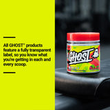 GHOST etiqueta transparente con lista de ingredientes y dosis detalladas