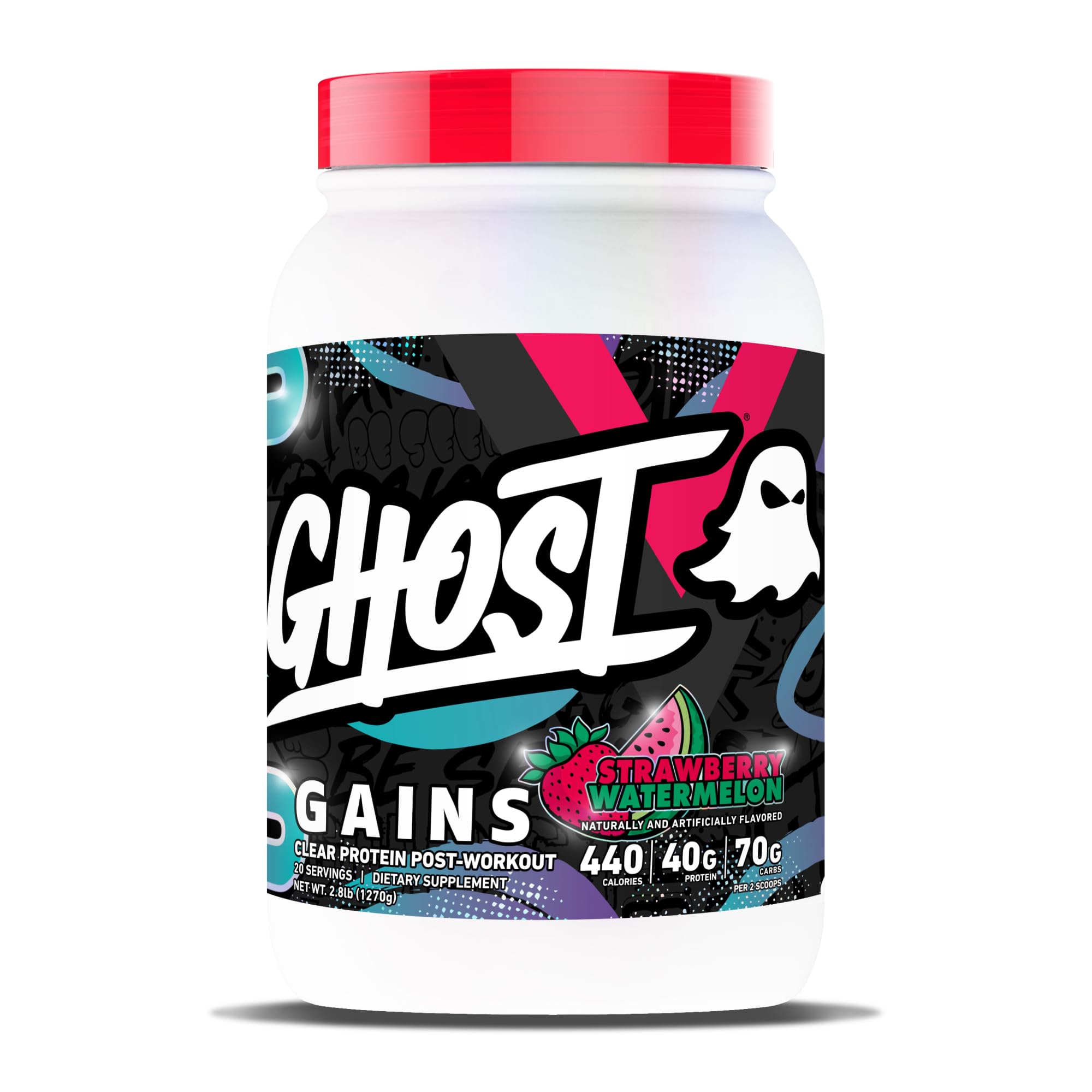 GHOST envase frontal de Clear Gains mostrando sabor fresa sandía y beneficio energético