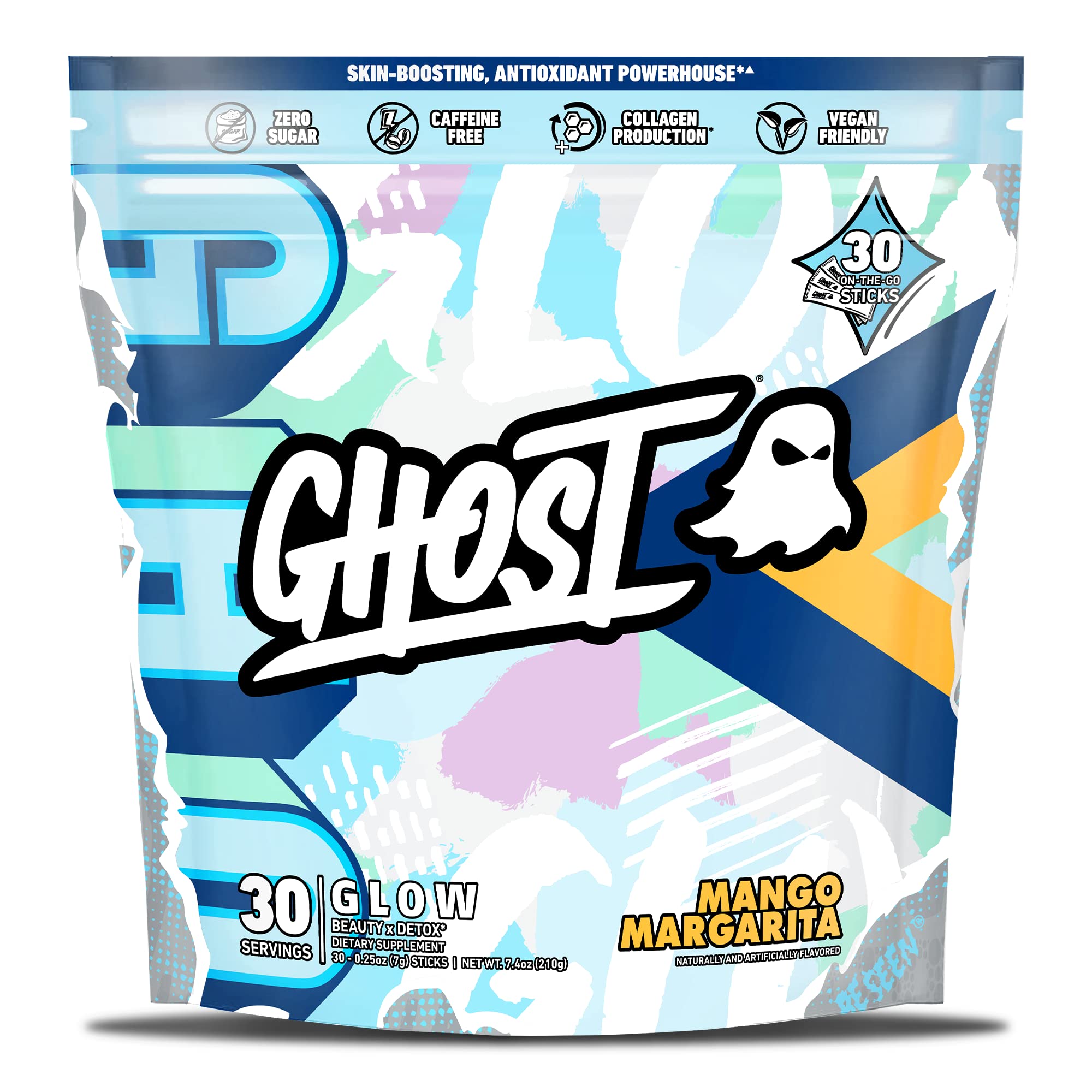 GHOST frontal del paquete con sticks, muestra conveniencia y dosis claras