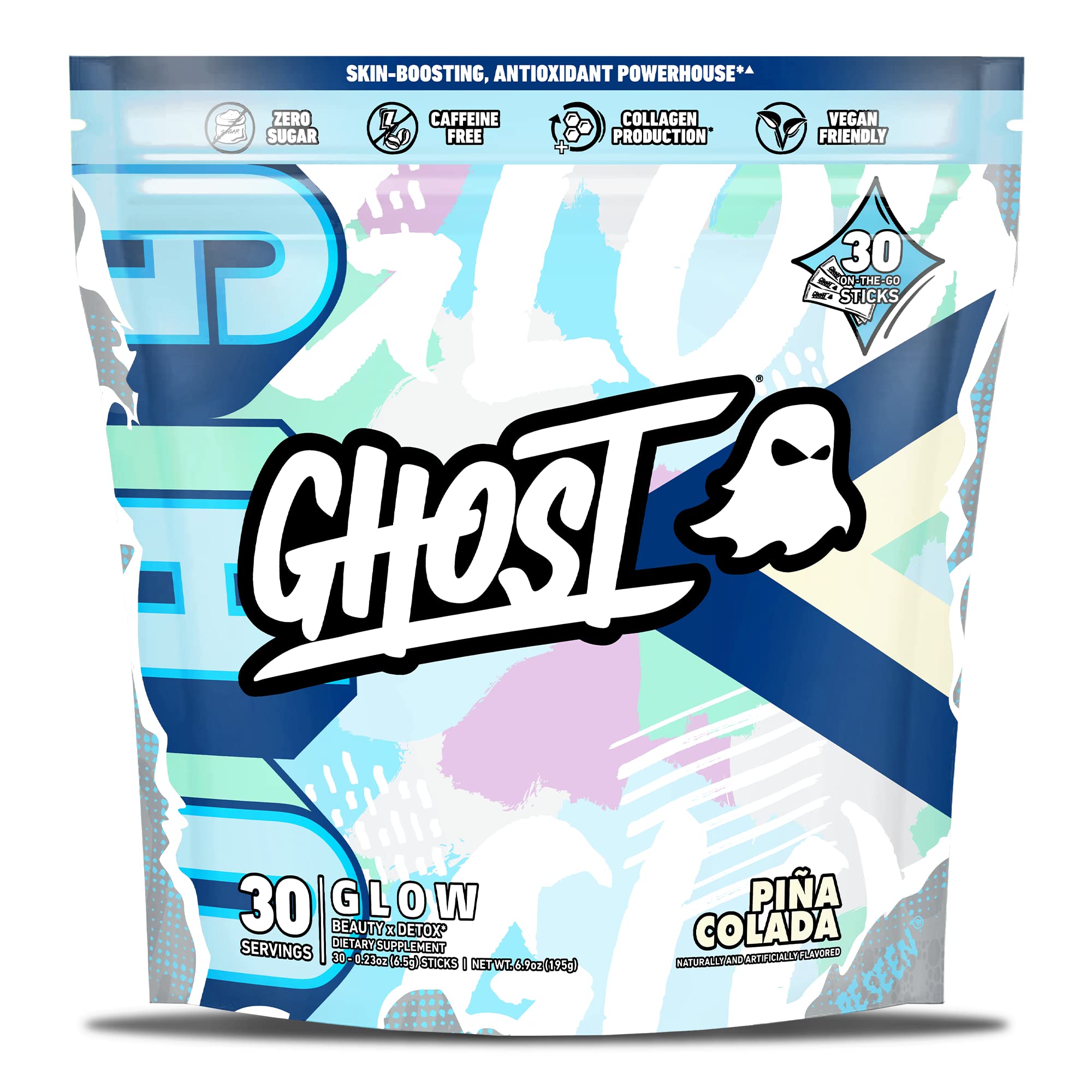 GHOST paquete frontal con 30 sticks piña colada mostrando diseño y conveniencia