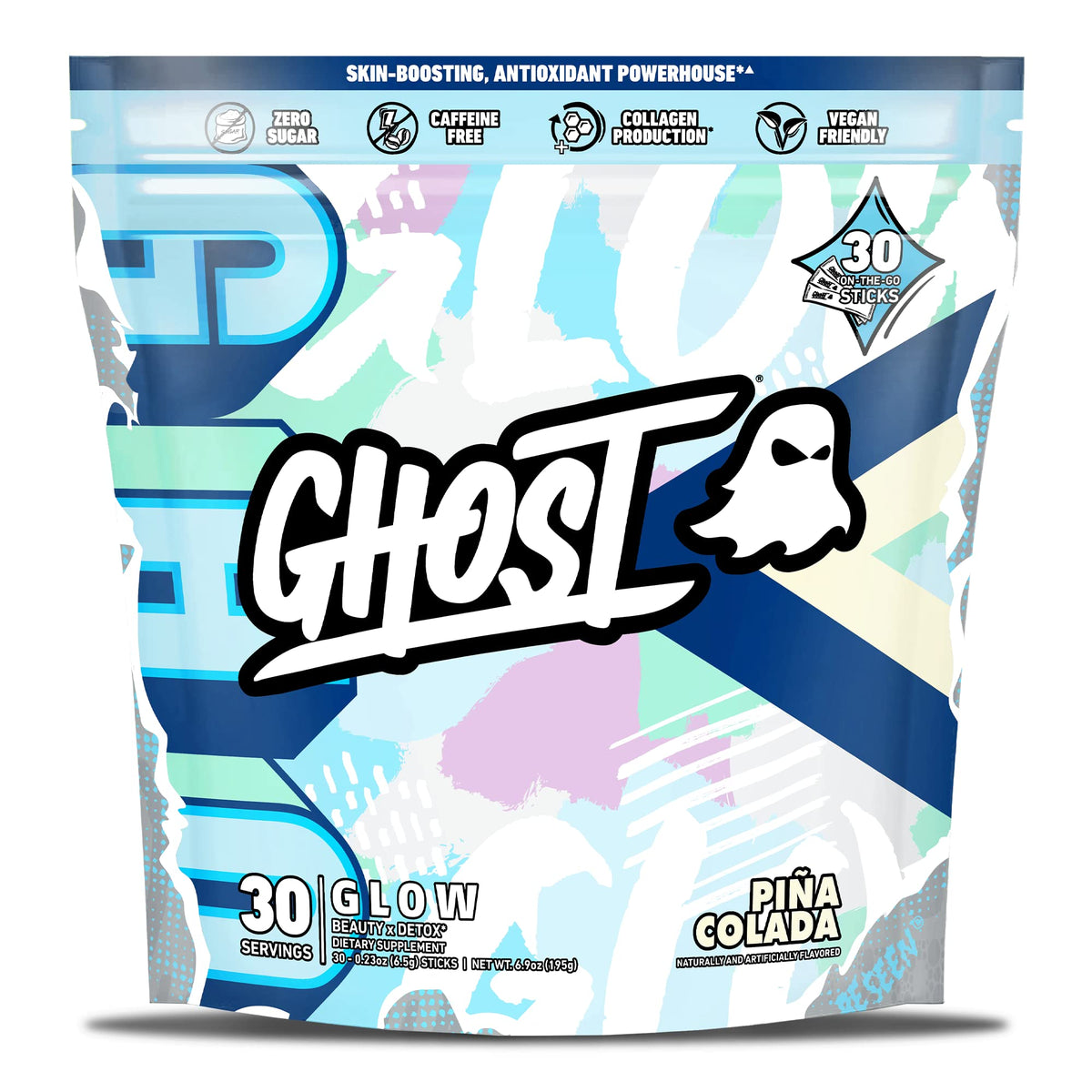 GHOST paquete frontal con 30 sticks piña colada mostrando diseño y conveniencia