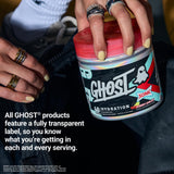 Etiqueta transparente GHOST con ingredientes y dosis claras que aporta confianza al usuario