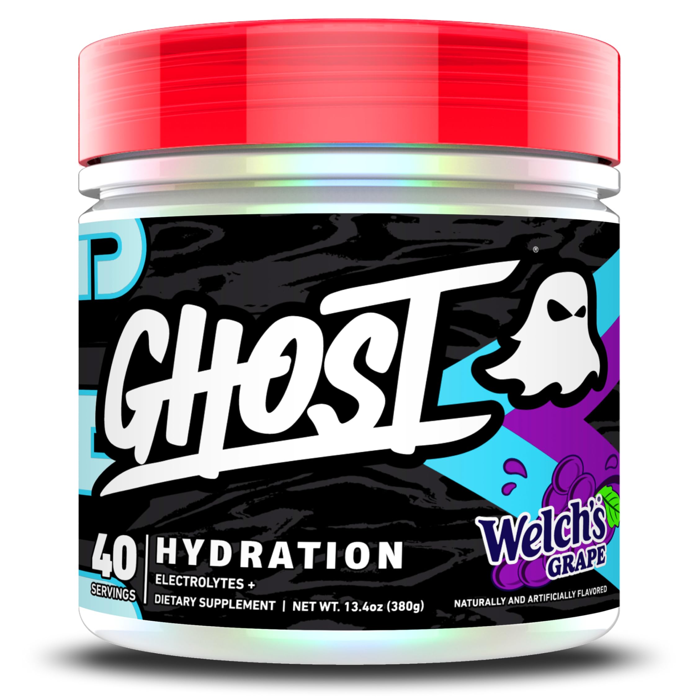 GHOST frente del envase mostrando 40 servicios y sabor Welch’s Grape