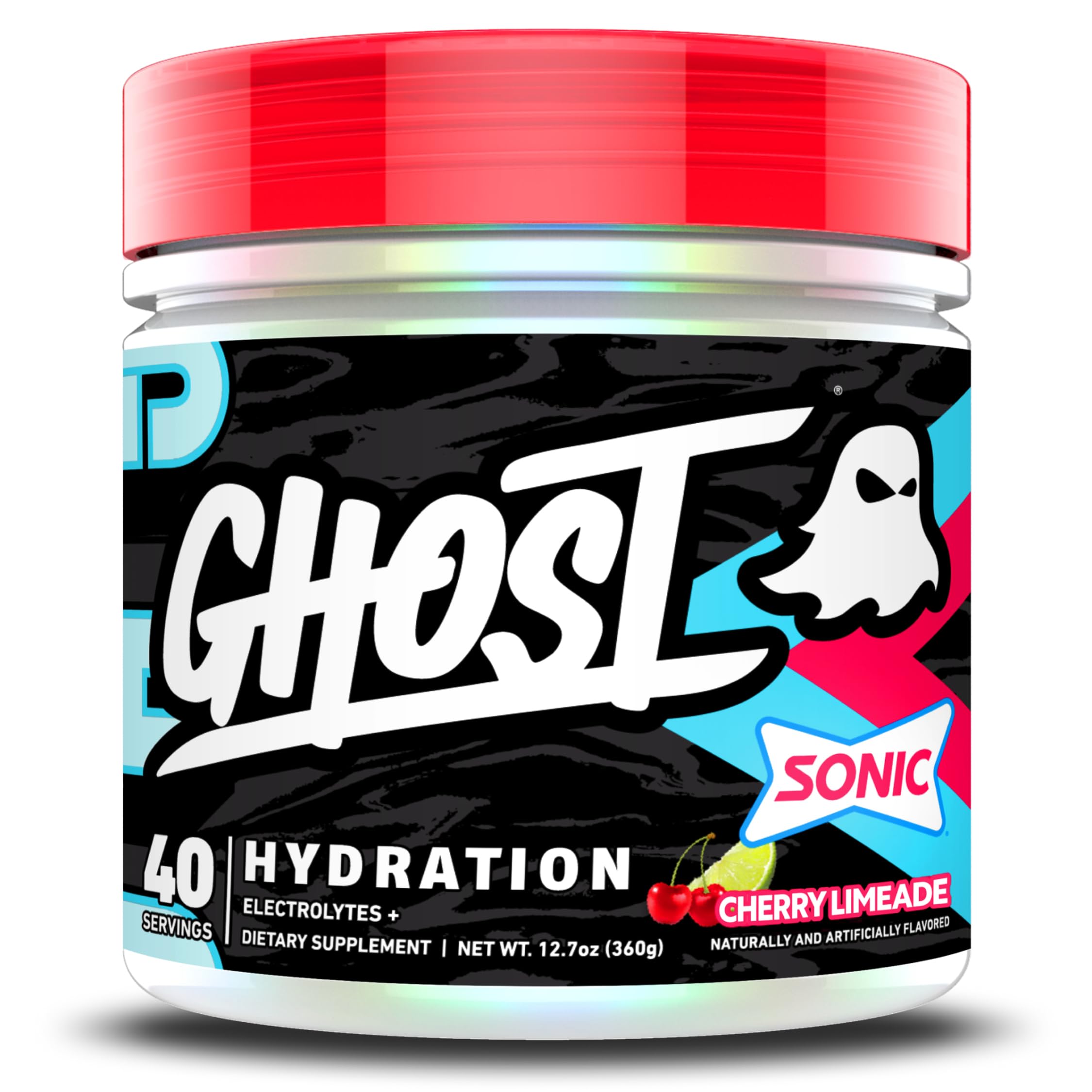 GHOST bote frontal con sabor Sonic Cherry Limeade y etiqueta visible para identificación rápida