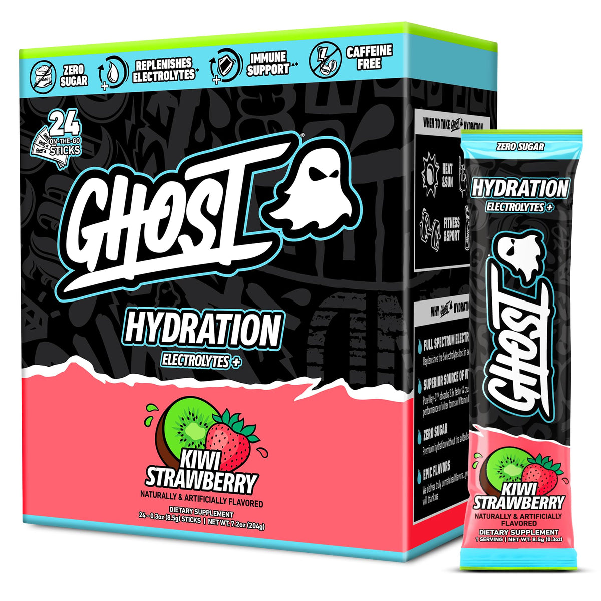 GHOST frontal del paquete mostrando sabor kiwi fresa y beneficio hidratación rápida