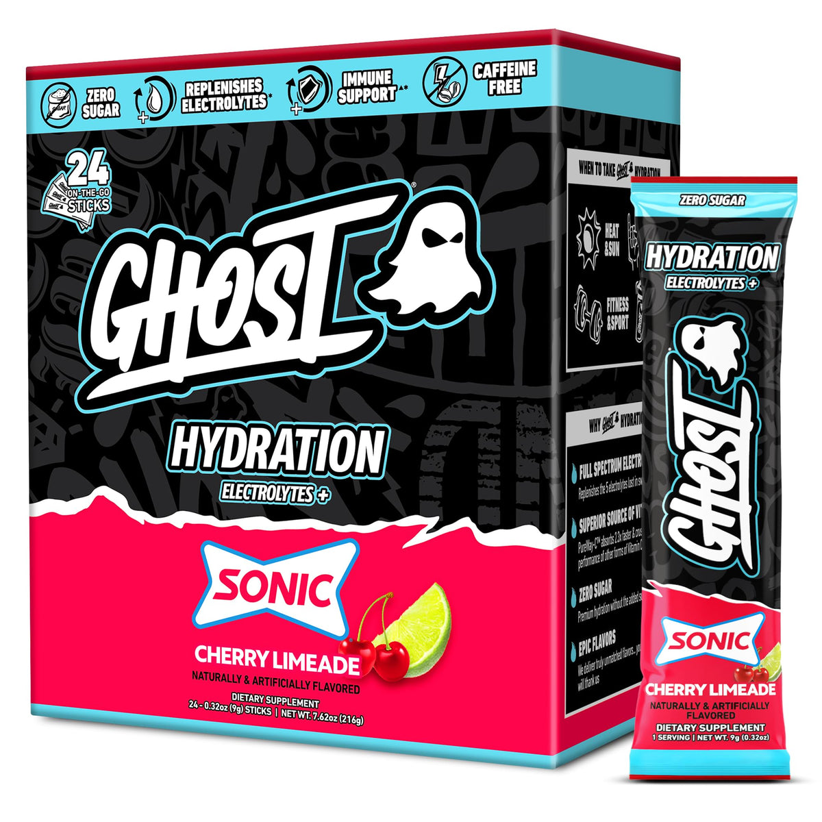 GHOST paquete frontal con 24 sobres Sonic Cherry Limeade, práctico y portátil