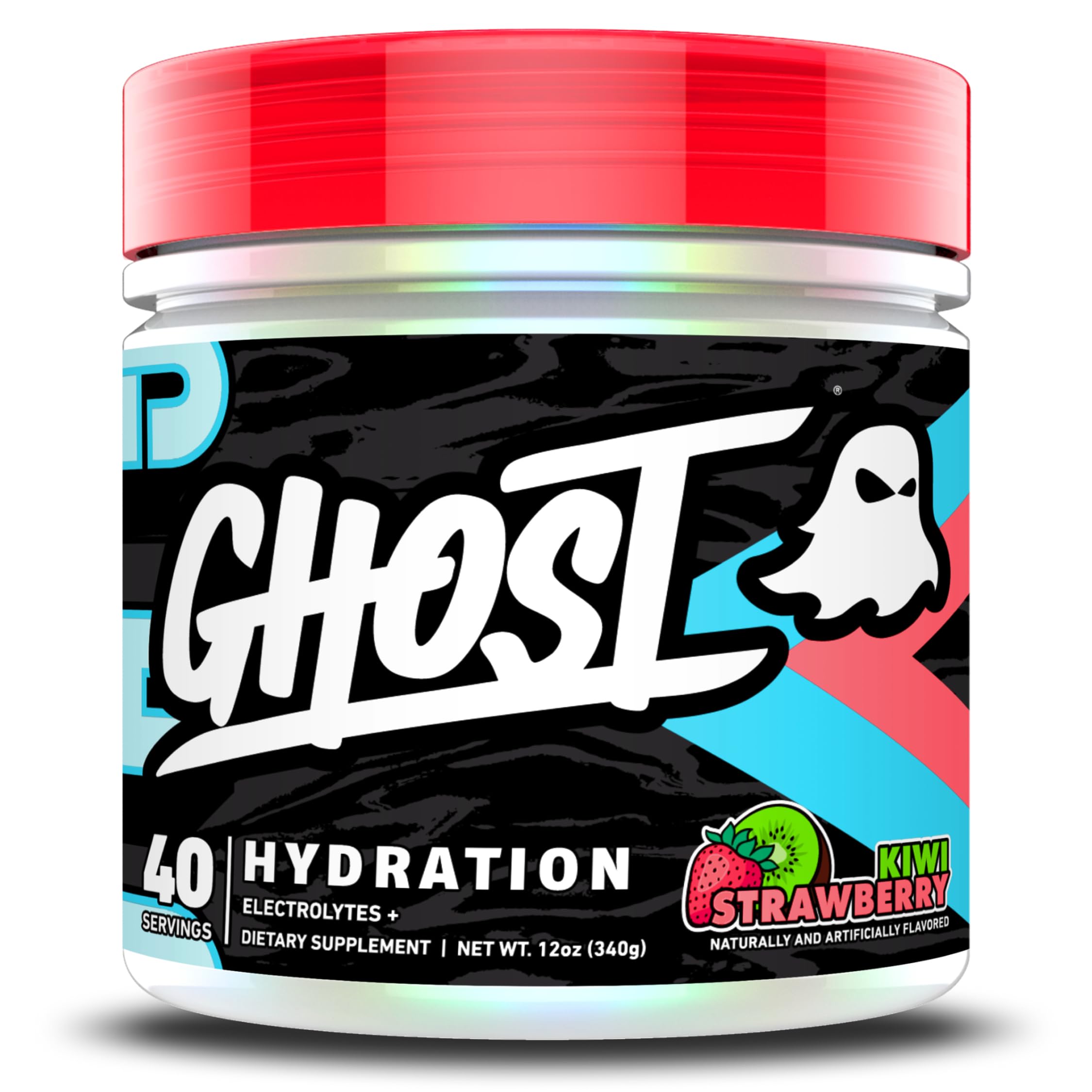 GHOST frasco frontal mostrando el diseño y 40 porciones, ideal para hidratación diaria