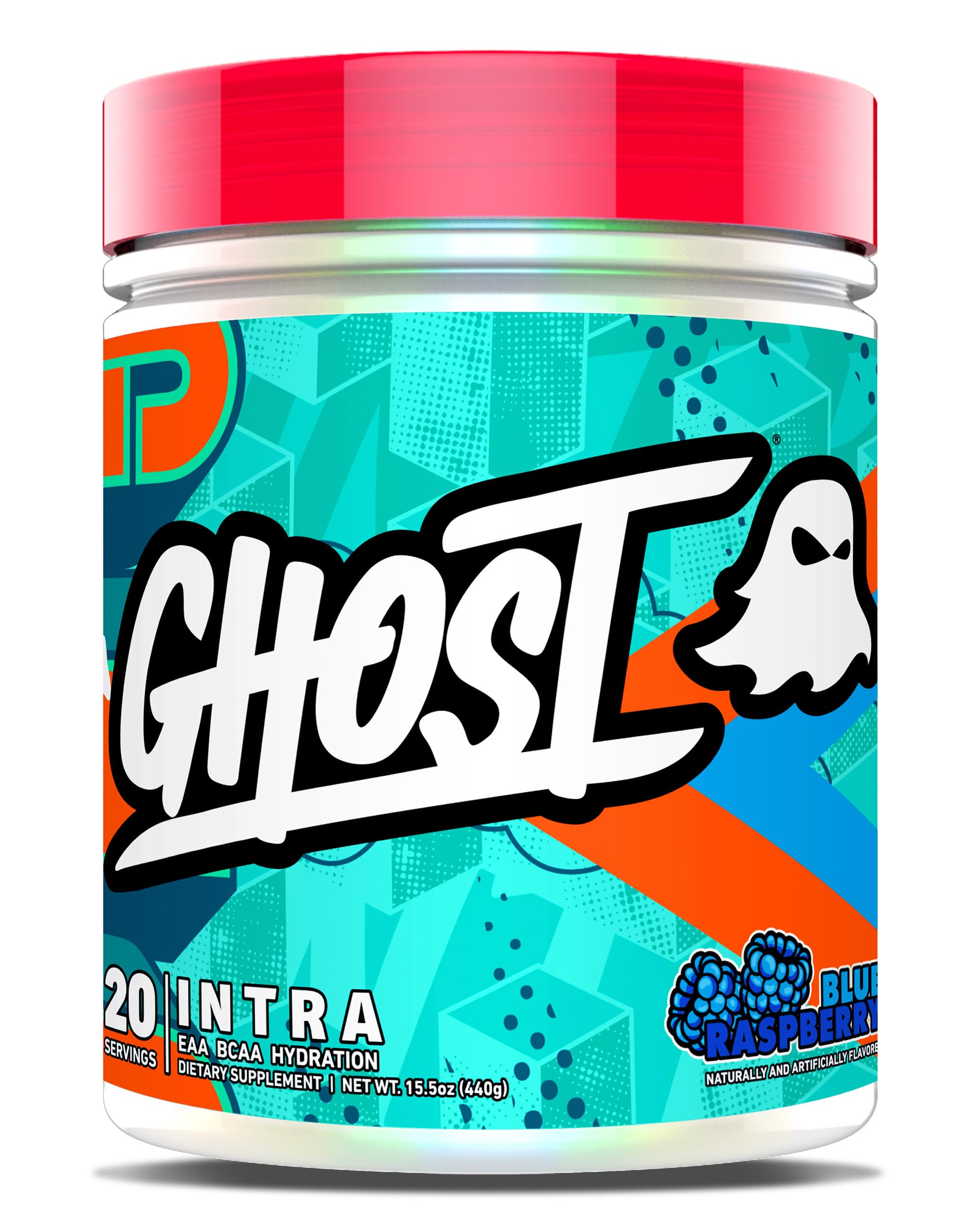 GHOST envase frontal Blue Raspberry con etiqueta transparente y información clara