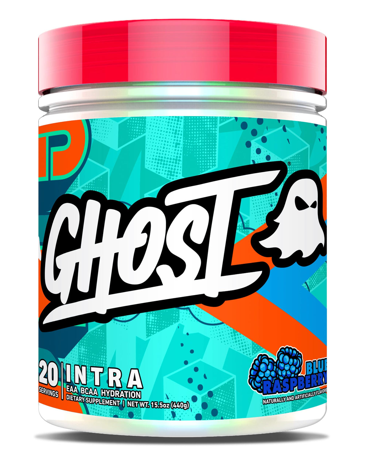 GHOST envase frontal Blue Raspberry con etiqueta transparente y información clara