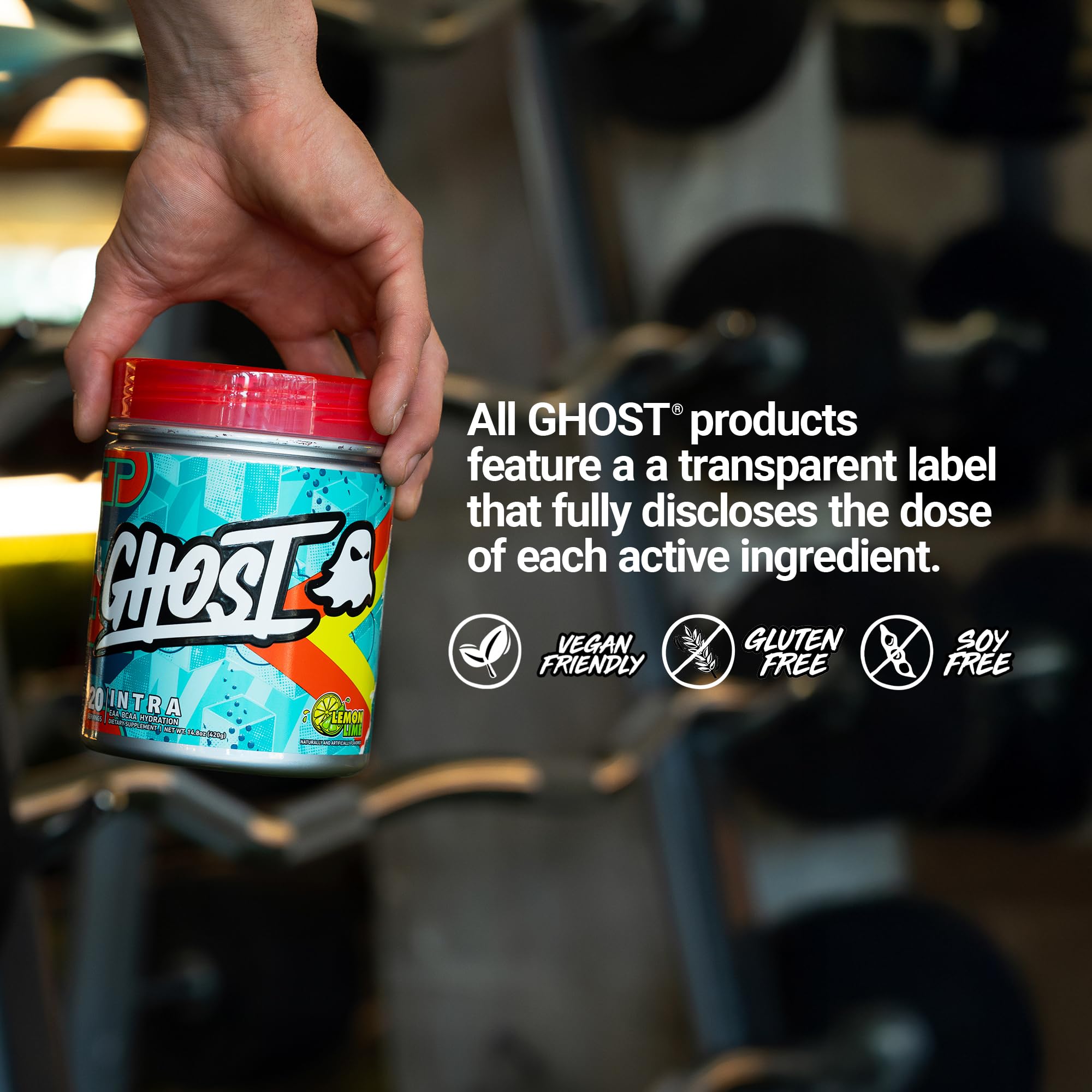 GHOST envase junto a mano para comparar tamaño y facilidad de transporte