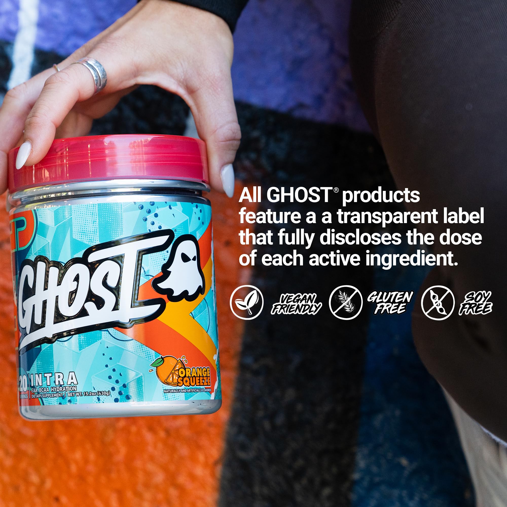 GHOST etiqueta transparente con dosis individuales y lista de ingredientes