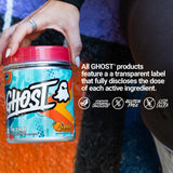 GHOST etiqueta transparente con dosis individuales y lista de ingredientes