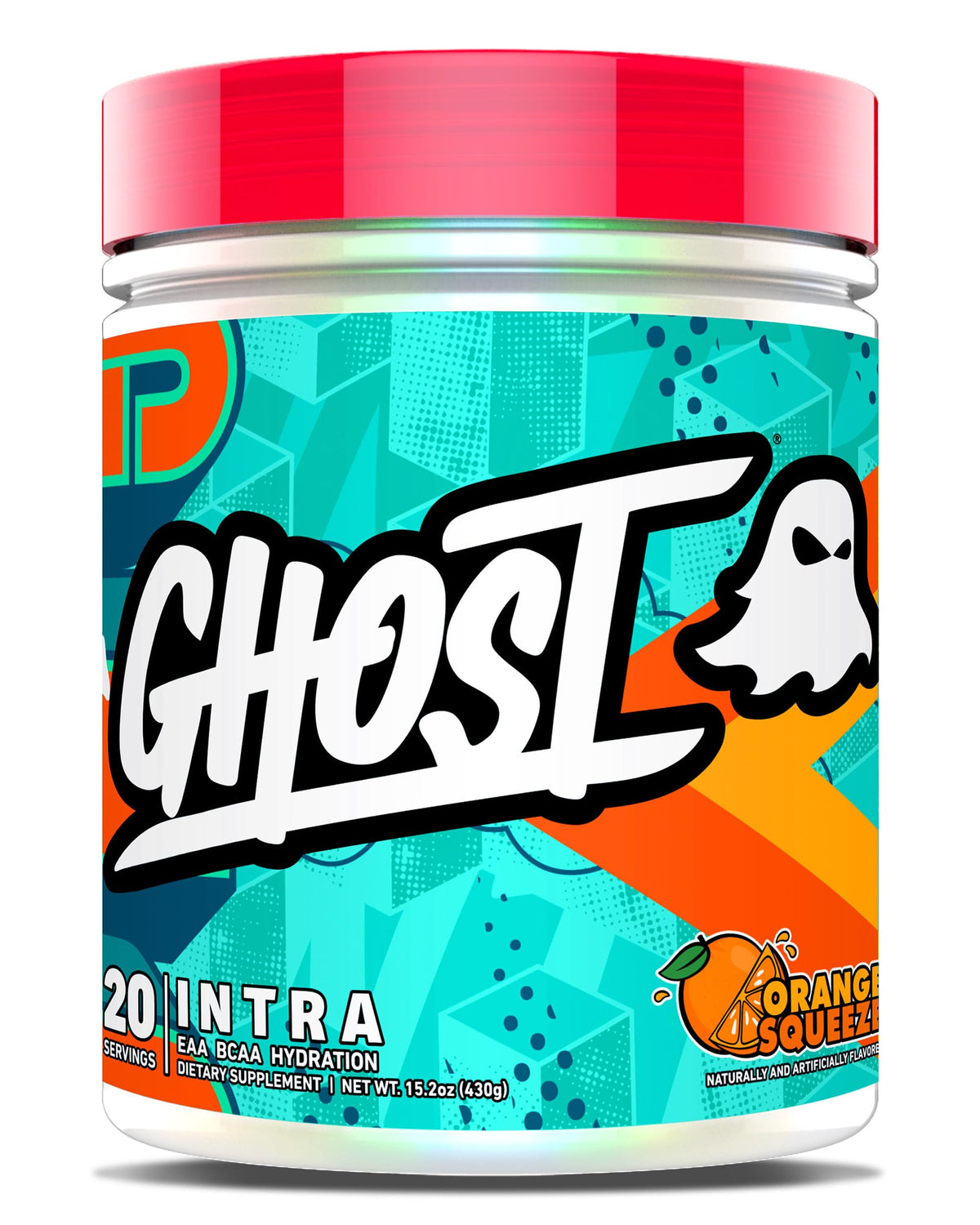 GHOST envase frontal naranja con detalle de sabor y beneficios visibles