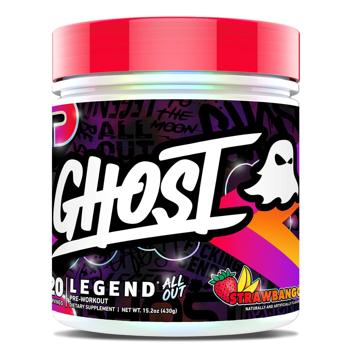 GHOST empaque frontal Strawbango mostrando diseño y beneficios visibles