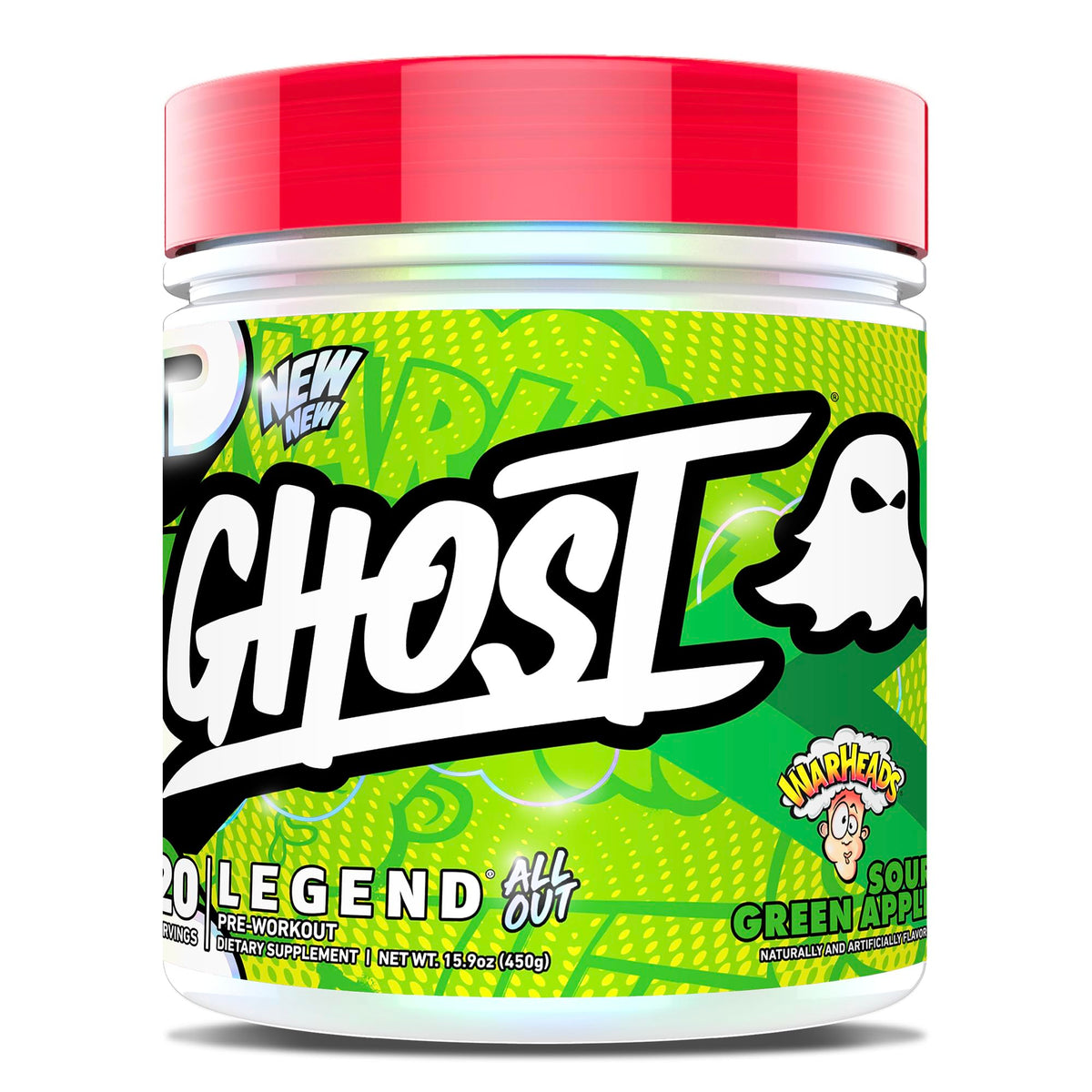GHOST envase frontal mostrando sabor Warheads y beneficios energéticos