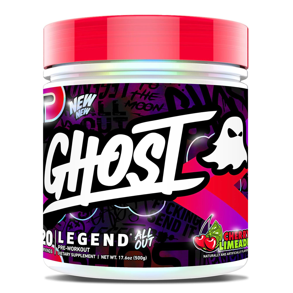 GHOST envase frente Cherry Limeade mostrando etiqueta transparente y beneficios