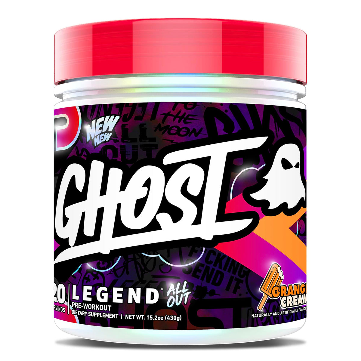 GHOST envase frontal naranja crema mostrando diseño y rendimiento
