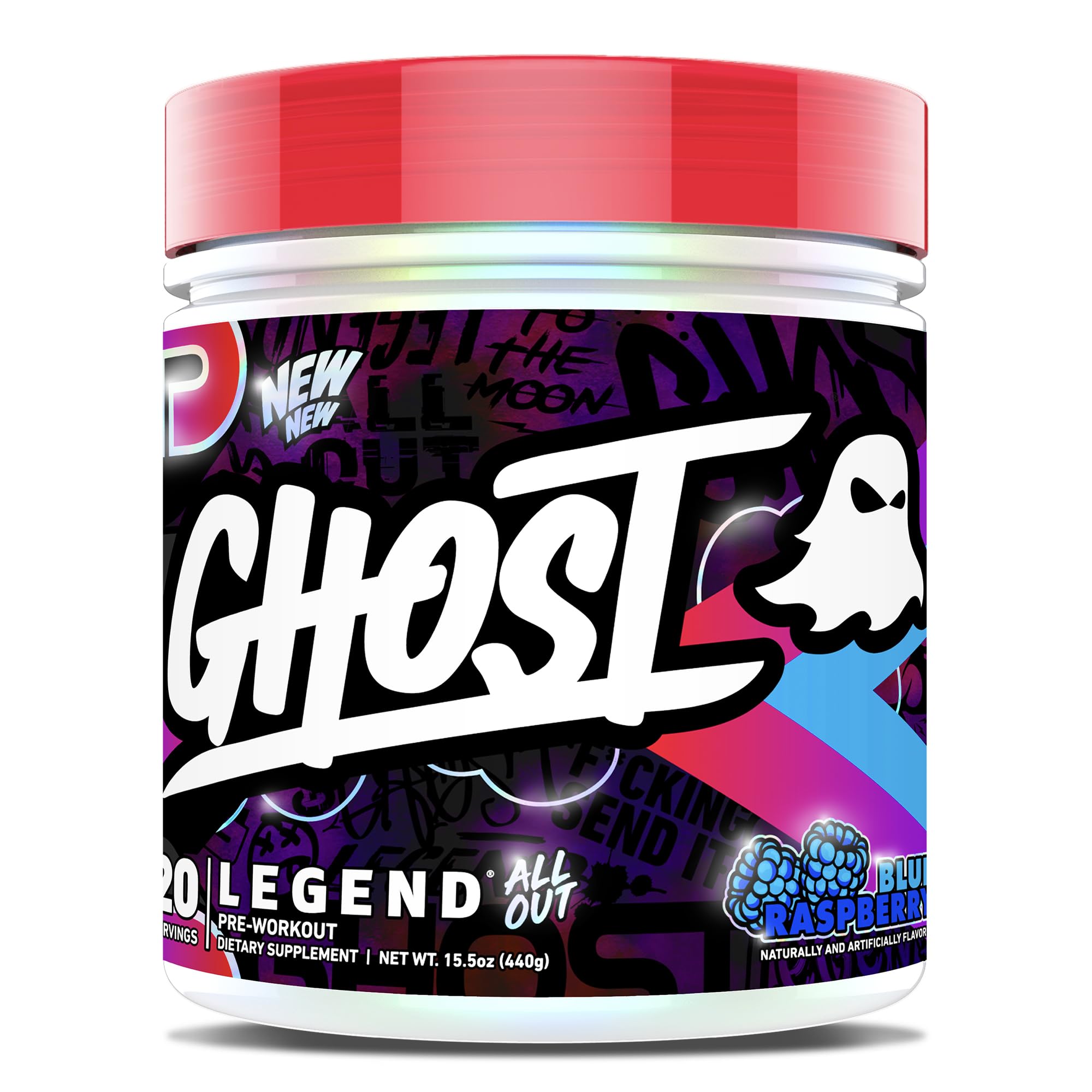 GHOST tarro frontal Blue Raspberry mostrando envase y beneficio energía intensa