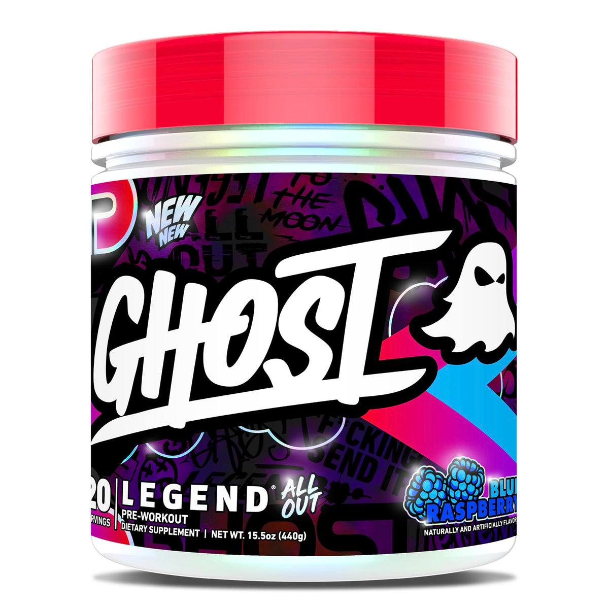 GHOST tarro frontal Blue Raspberry mostrando envase y beneficio energía intensa