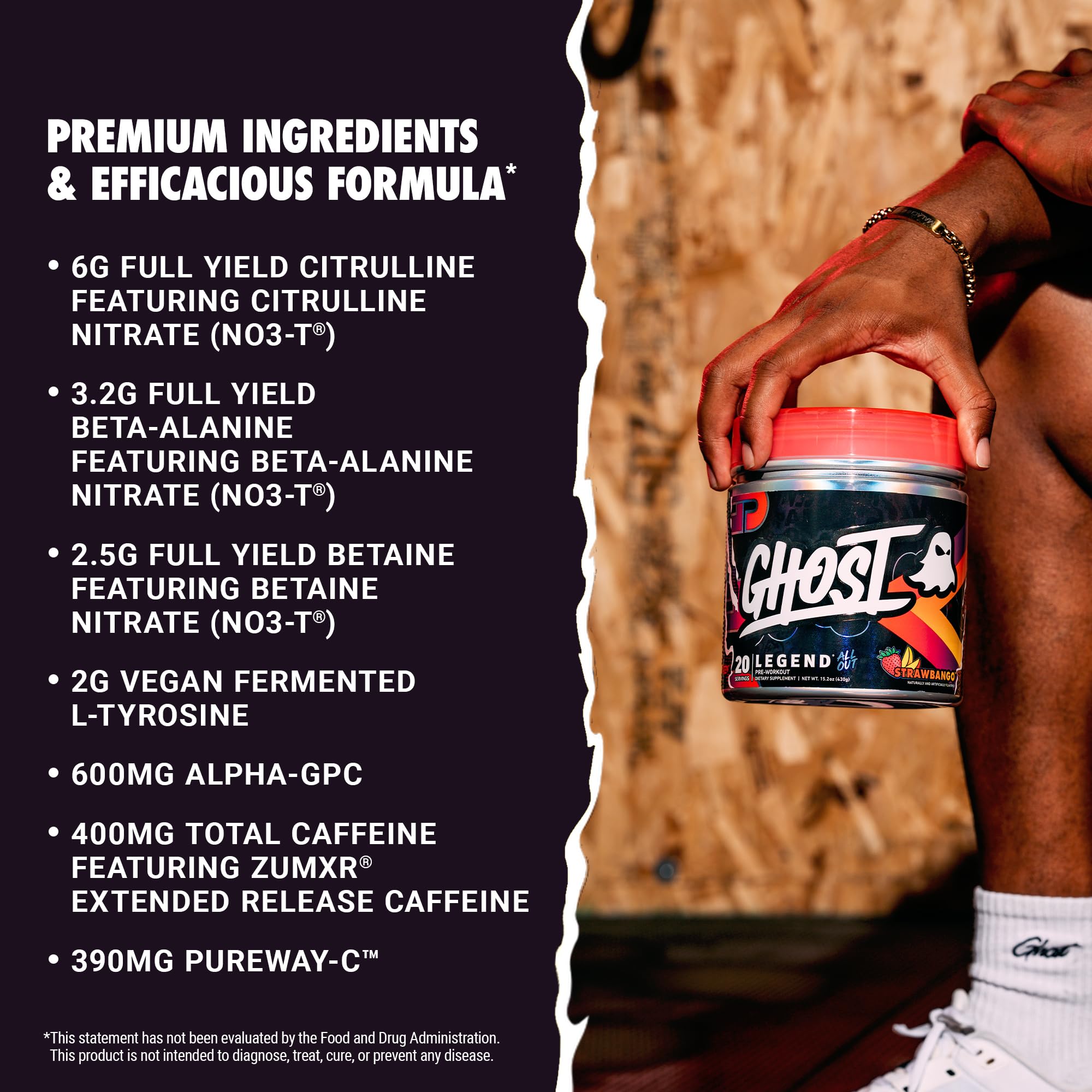 GHOST etiqueta transparente con dosis exactas y listado de ingredientes